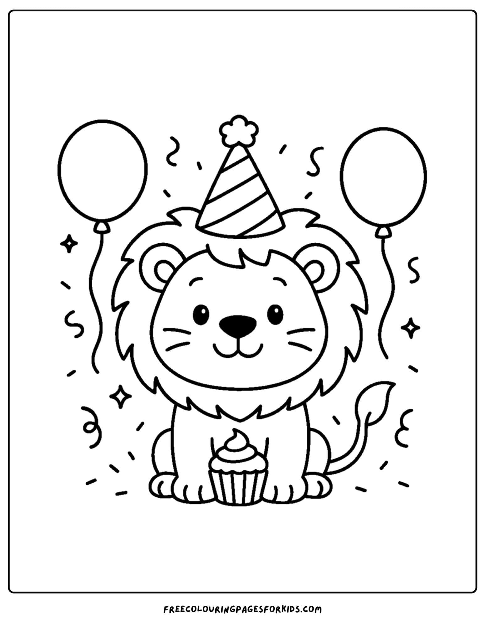 a coloring page of a lion wearing a party hat with balloons either side of it