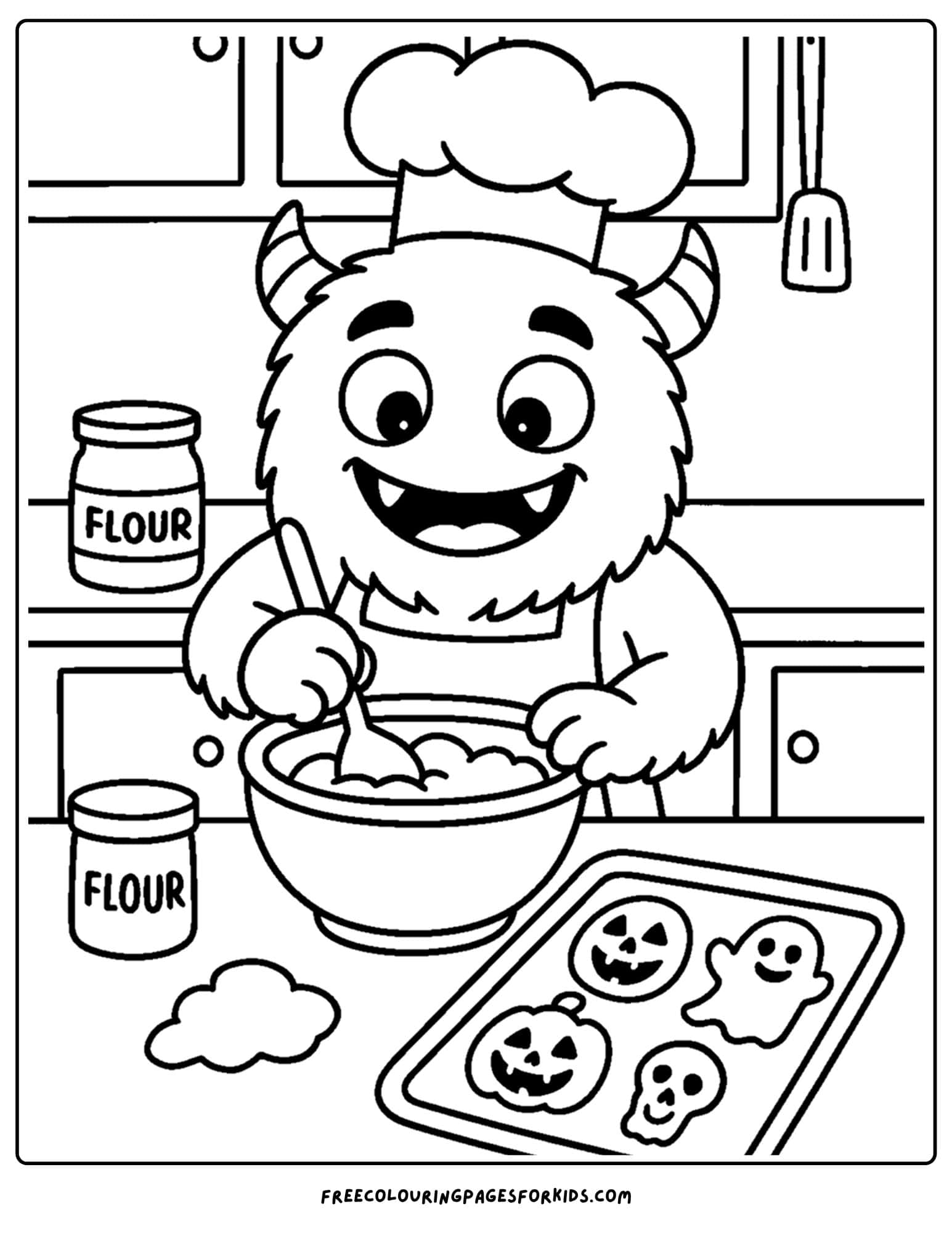 a monster baking halloween cookies coloring page