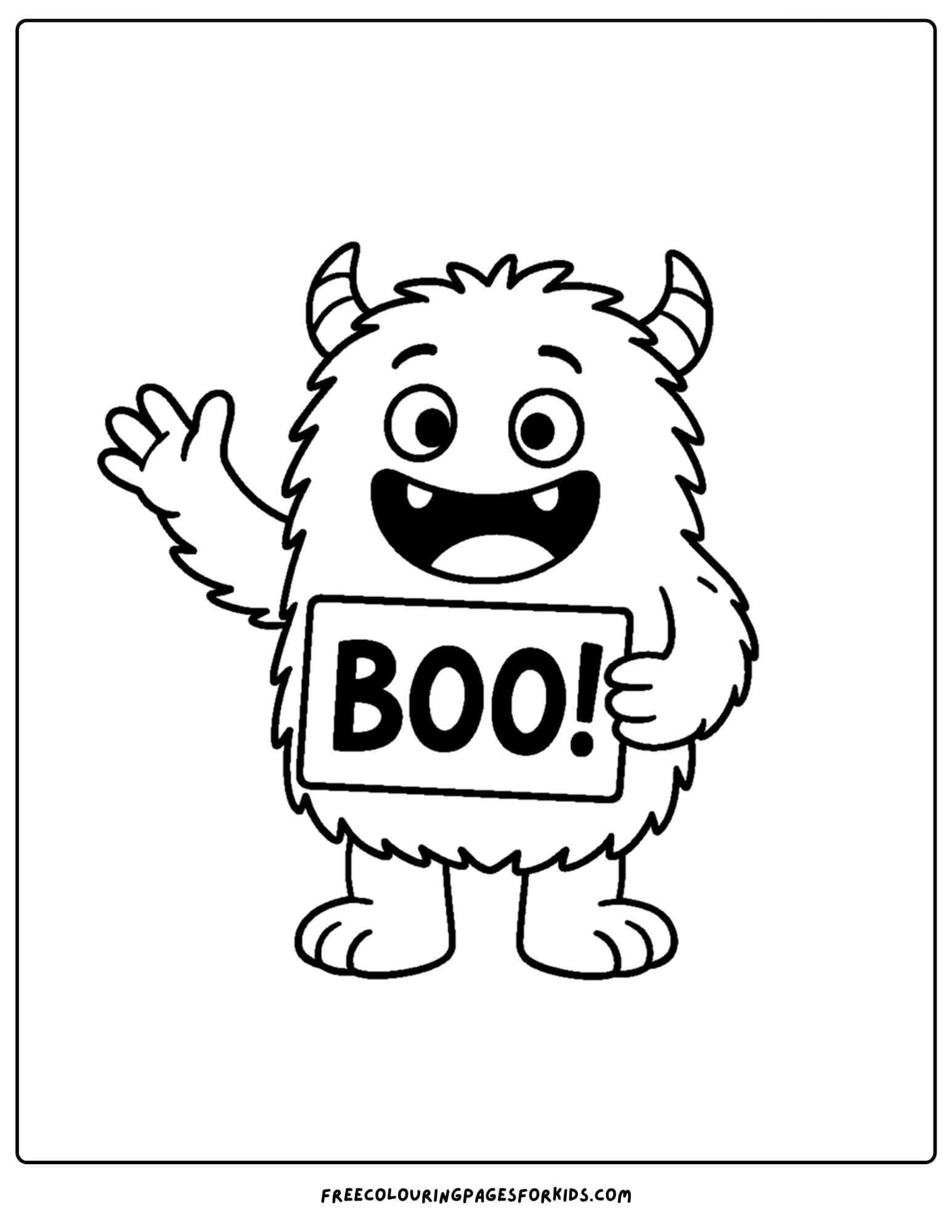a monster holding a sign that says boo coloring page