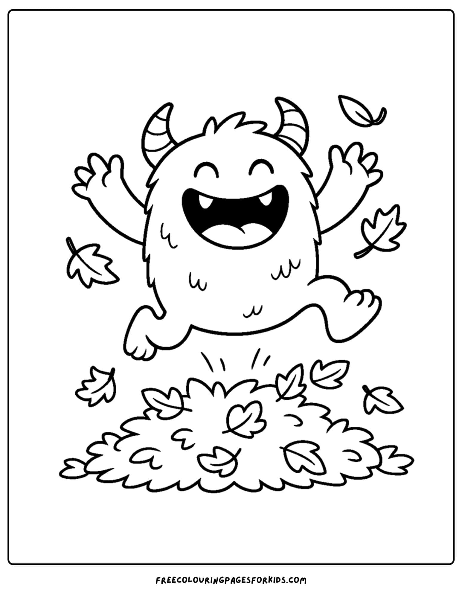 a monster umping in a leaf pile coloring page
