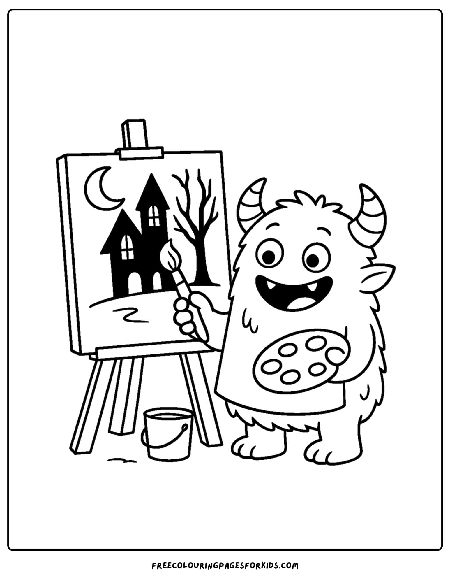 a monster painting a haunted house coloring page