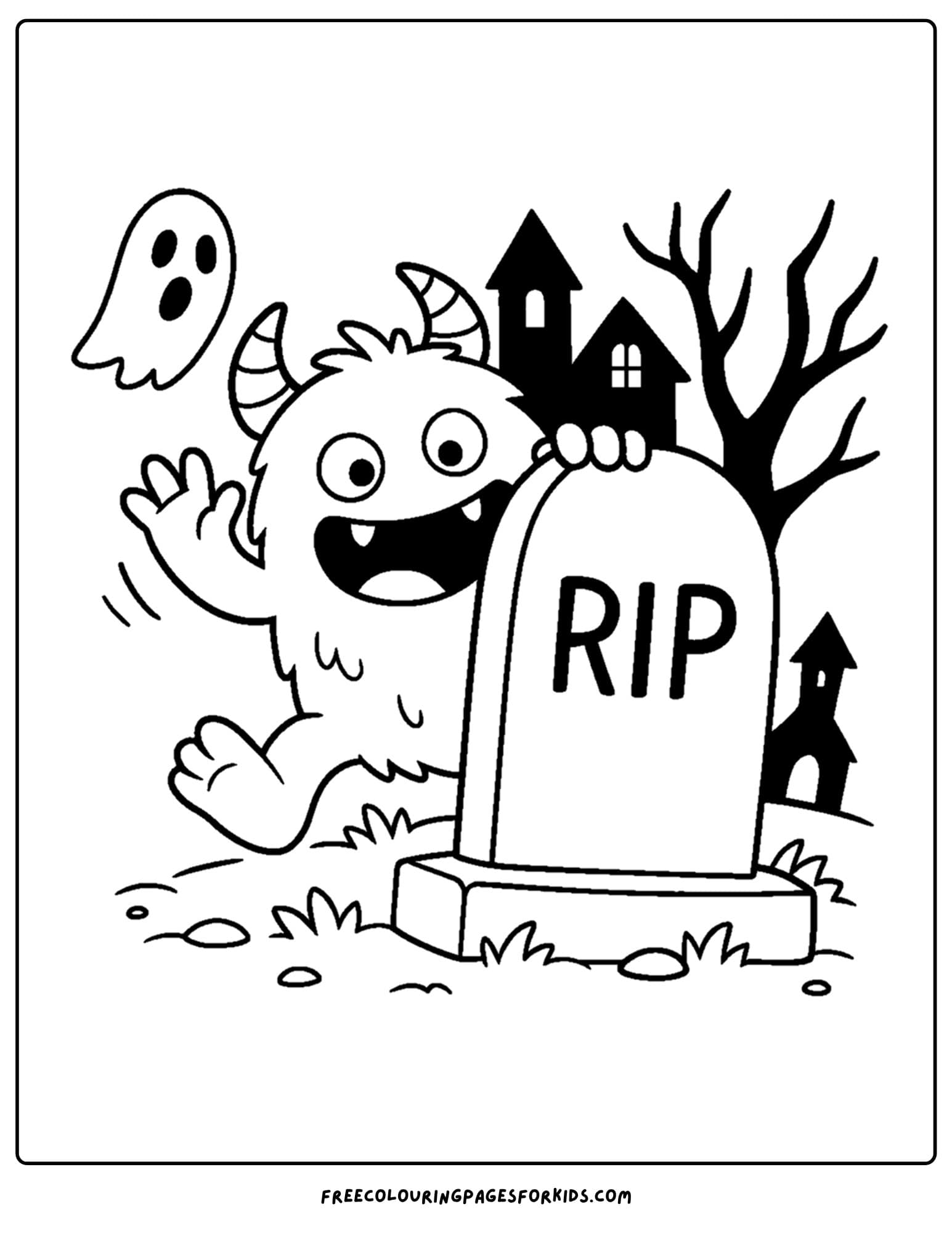 a monster jumping out from behind a gravestone coloring page