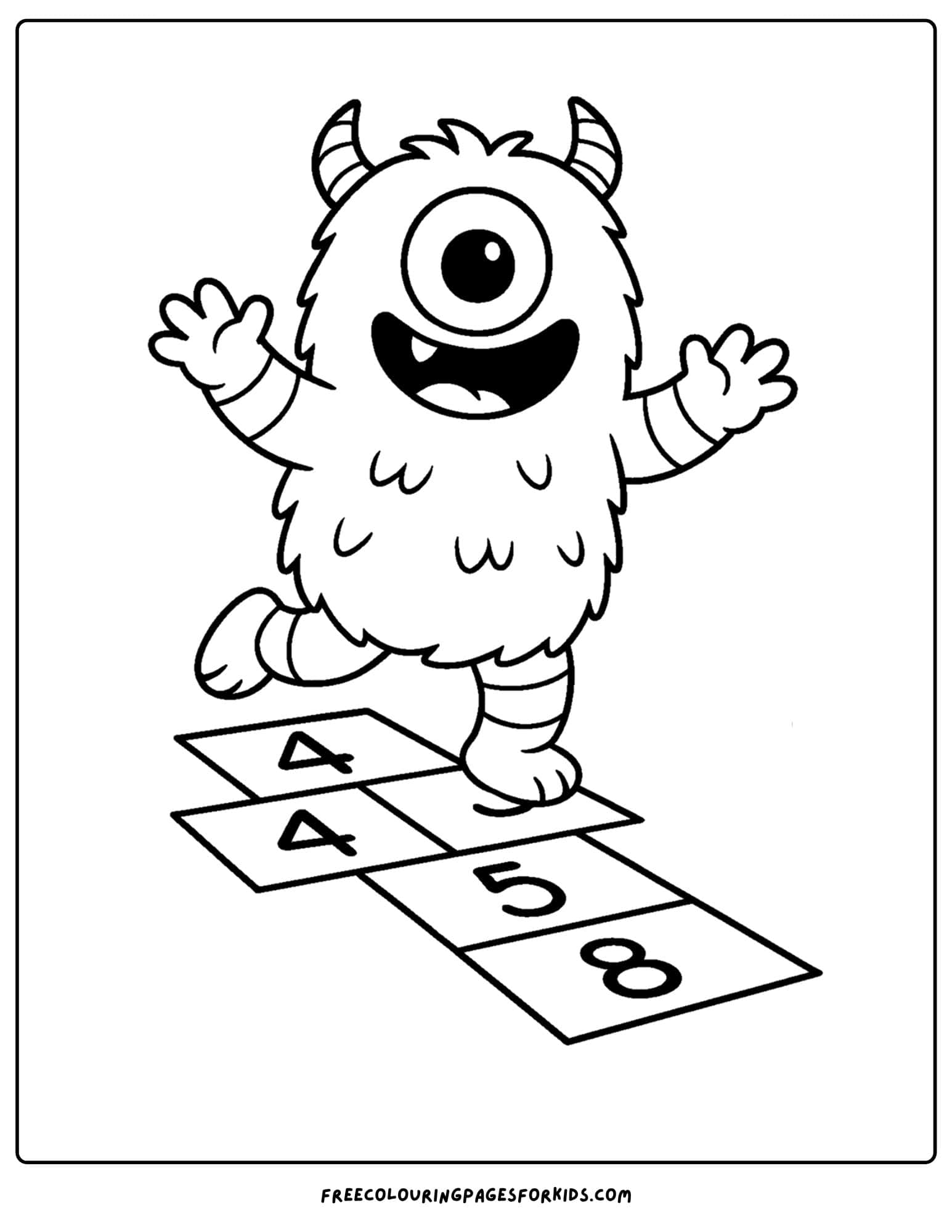 a monster playing hopscotch coloring page