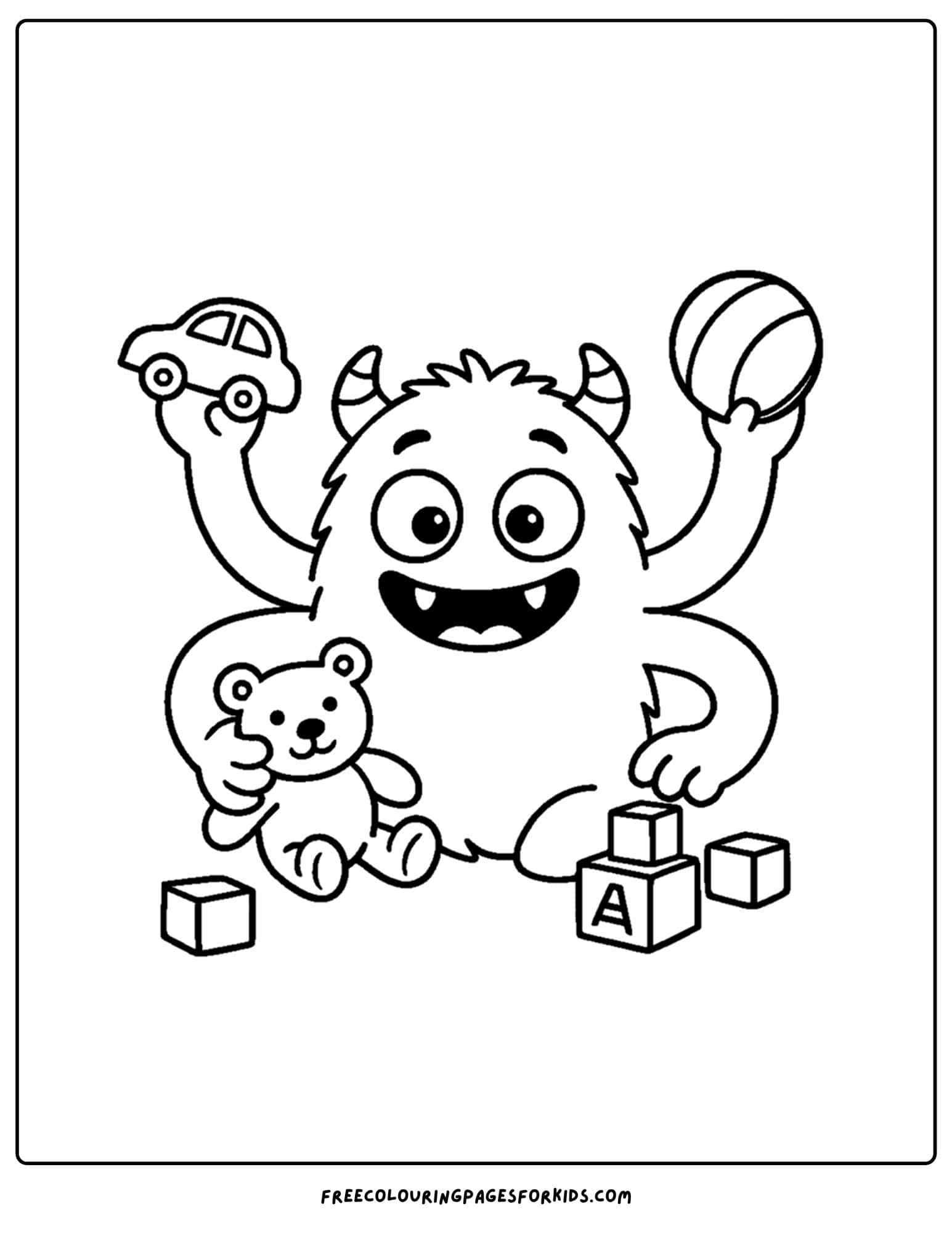 a monster playing with toys coloring page