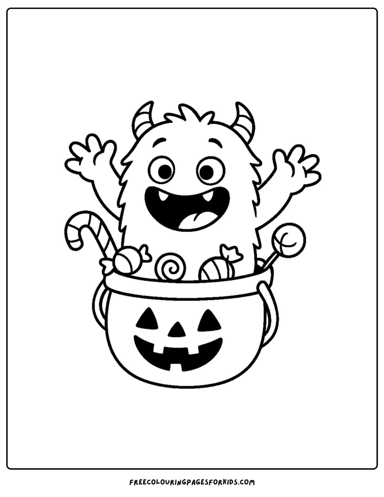 a monster popping out of a candy bucket coloring page