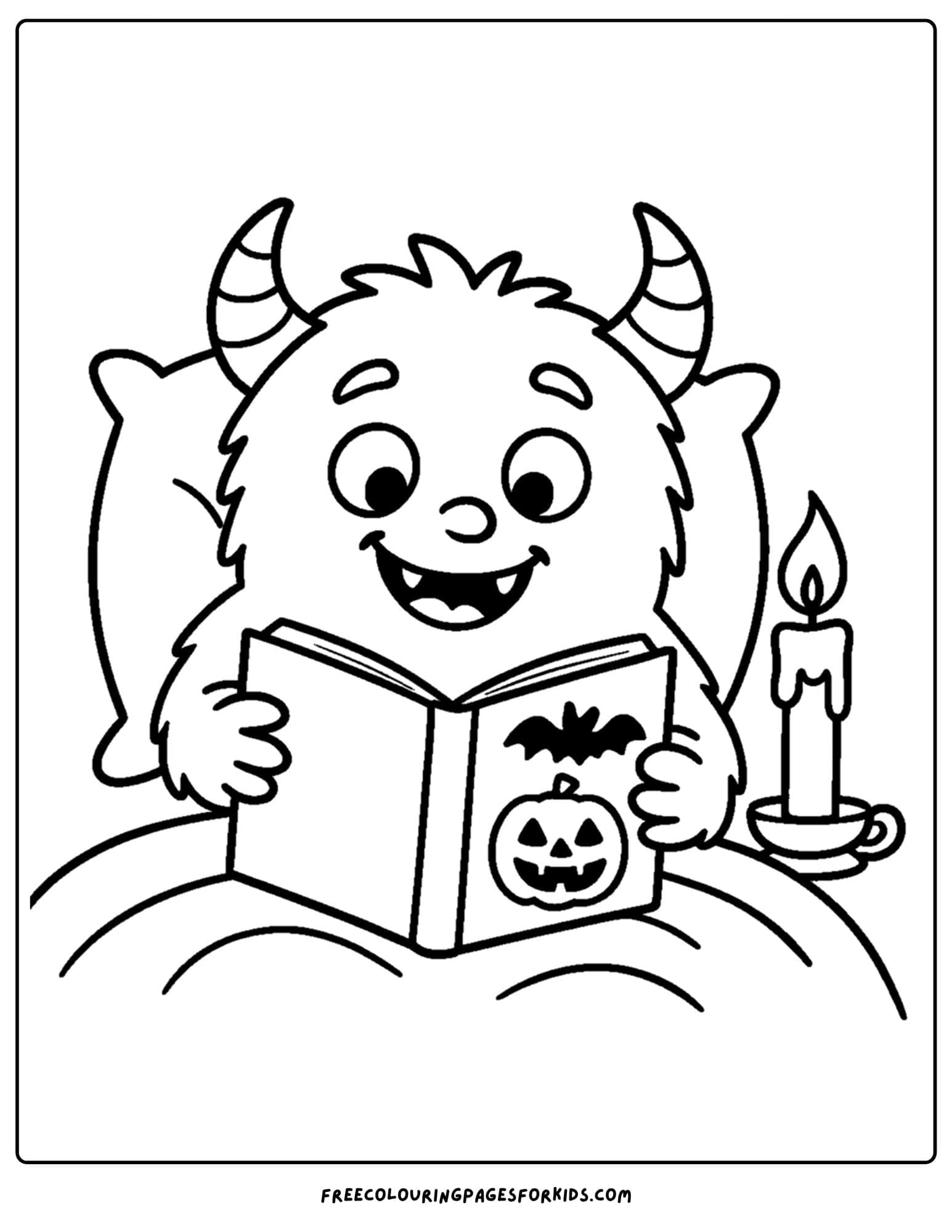 a monster reading a bedtime book coloring page
