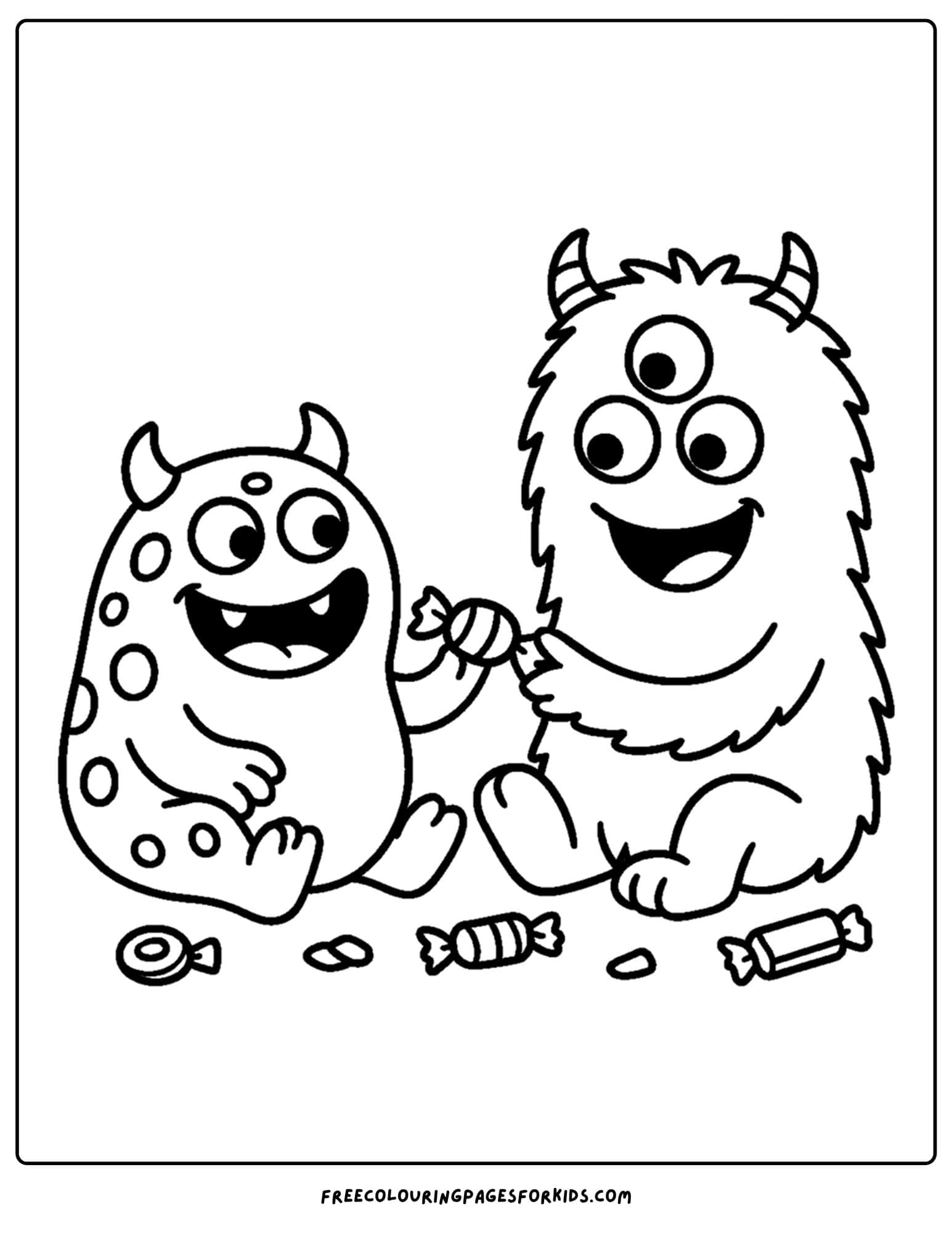 a monster sharing halloween candy coloring page