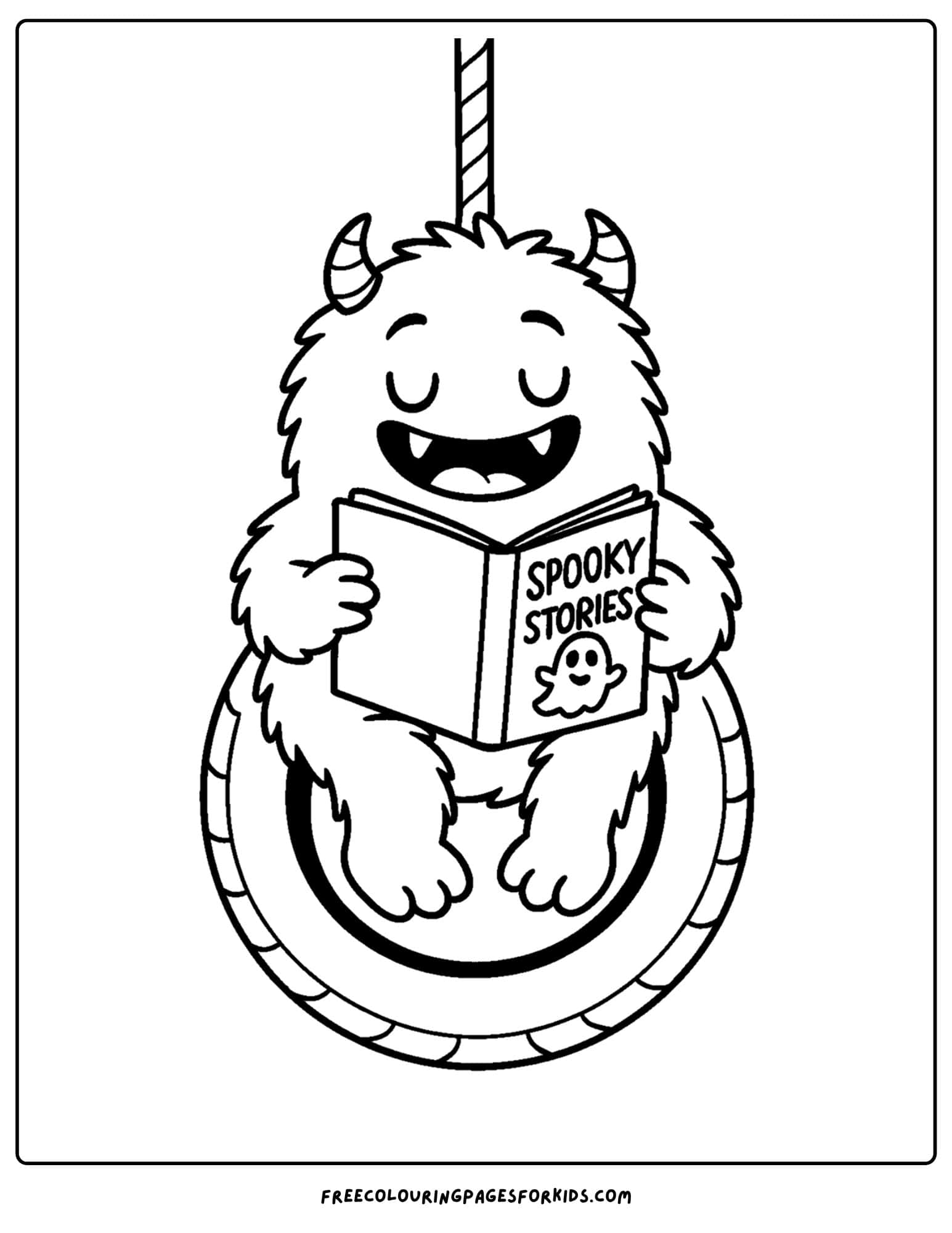 a monster reading a book while swinging on a tire swing coloring page