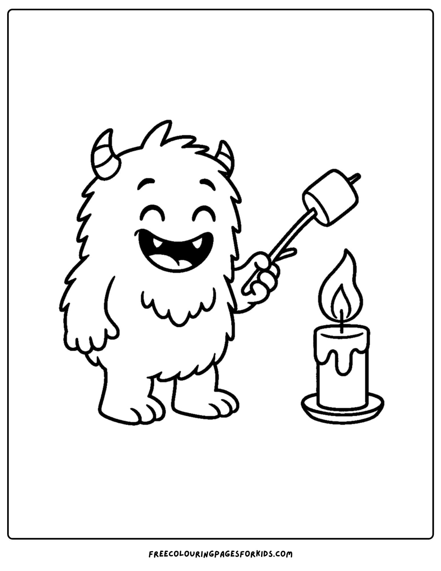 a monster roasting a marshmallow over a candle coloring page
