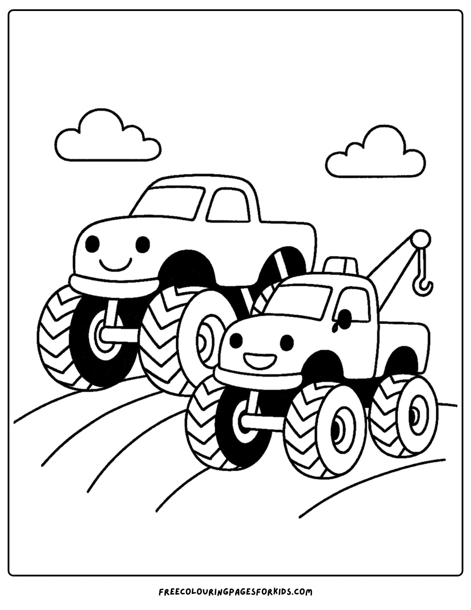 a monster truck and tow truck friend coloring page