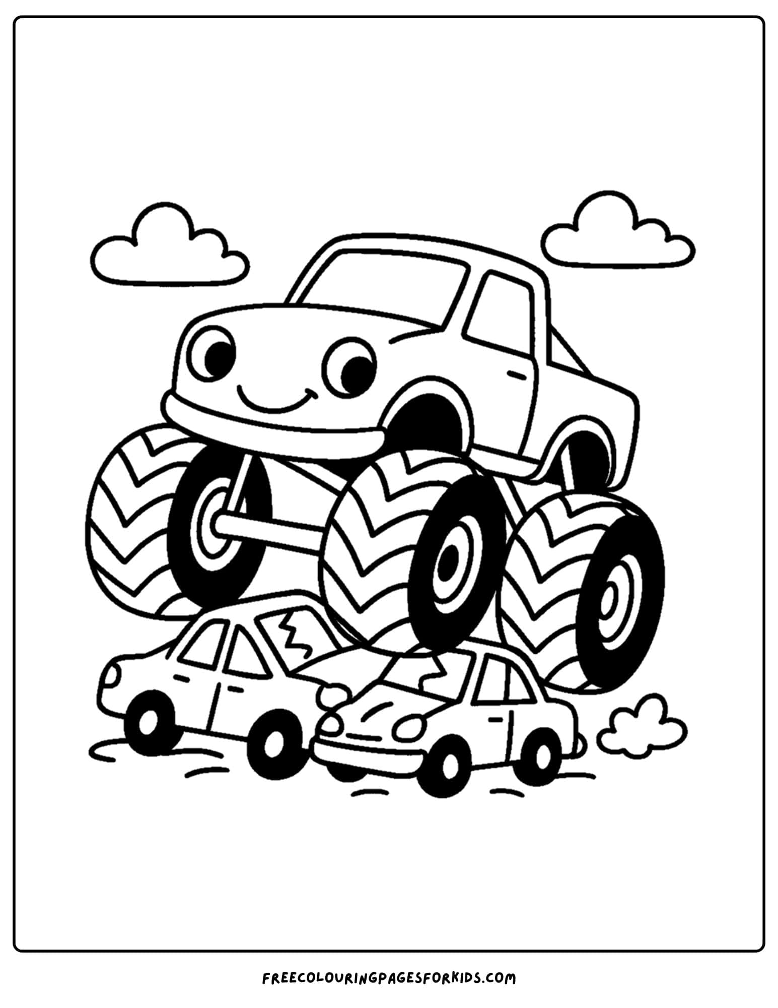 a monster truck crushing cars coloring page