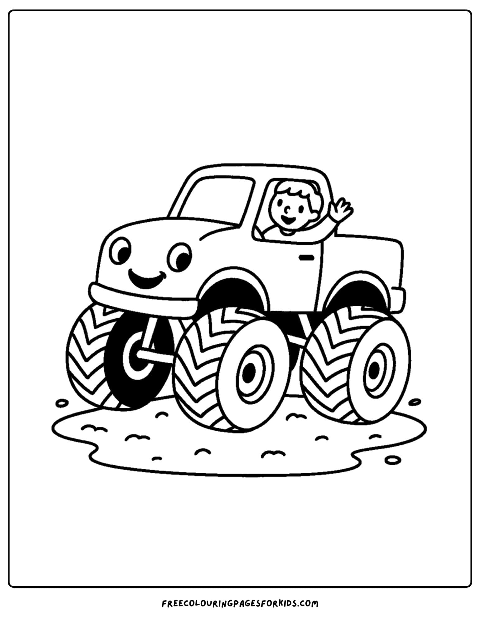 a monster truck with a driver waving coloring page