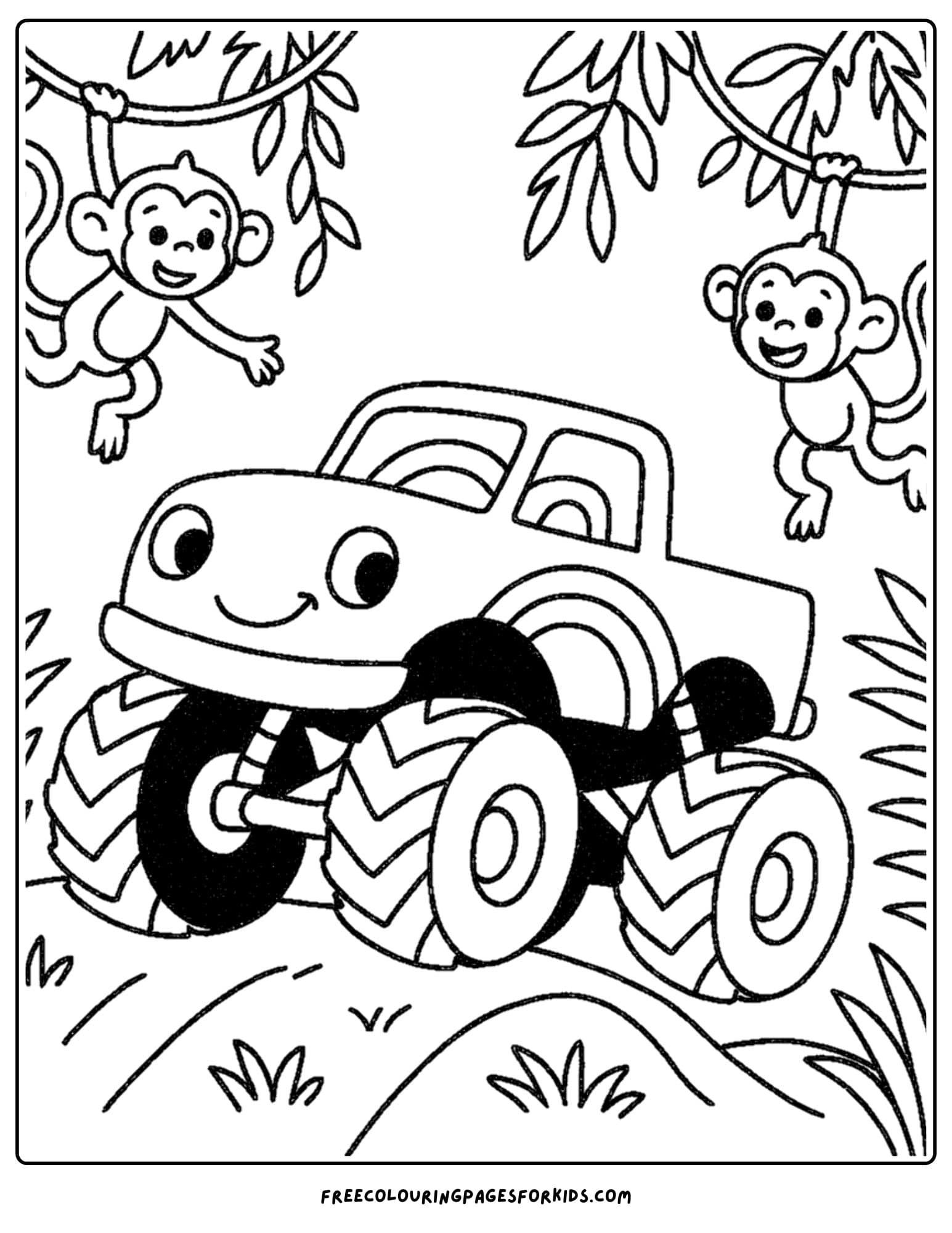a monster truck in the jungle coloring page