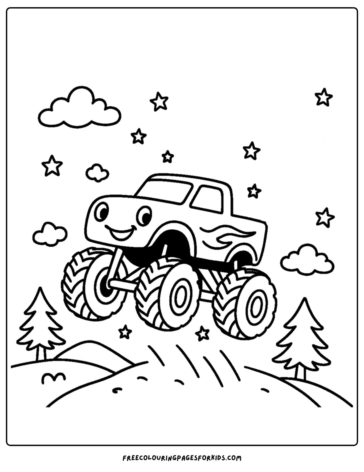 a monster truck jumping in the forest coloring page