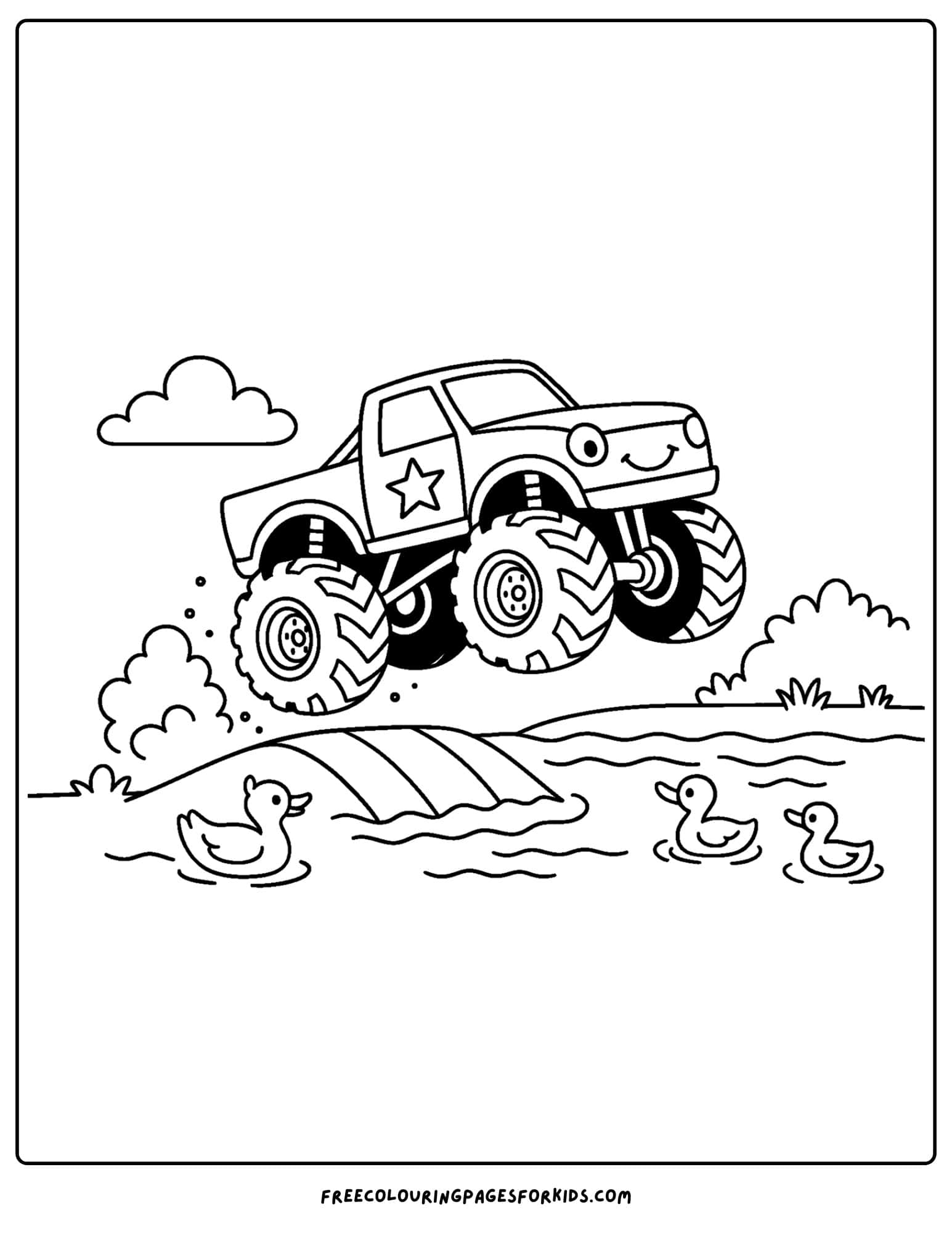 a monster truck jumping over a lake coloring page