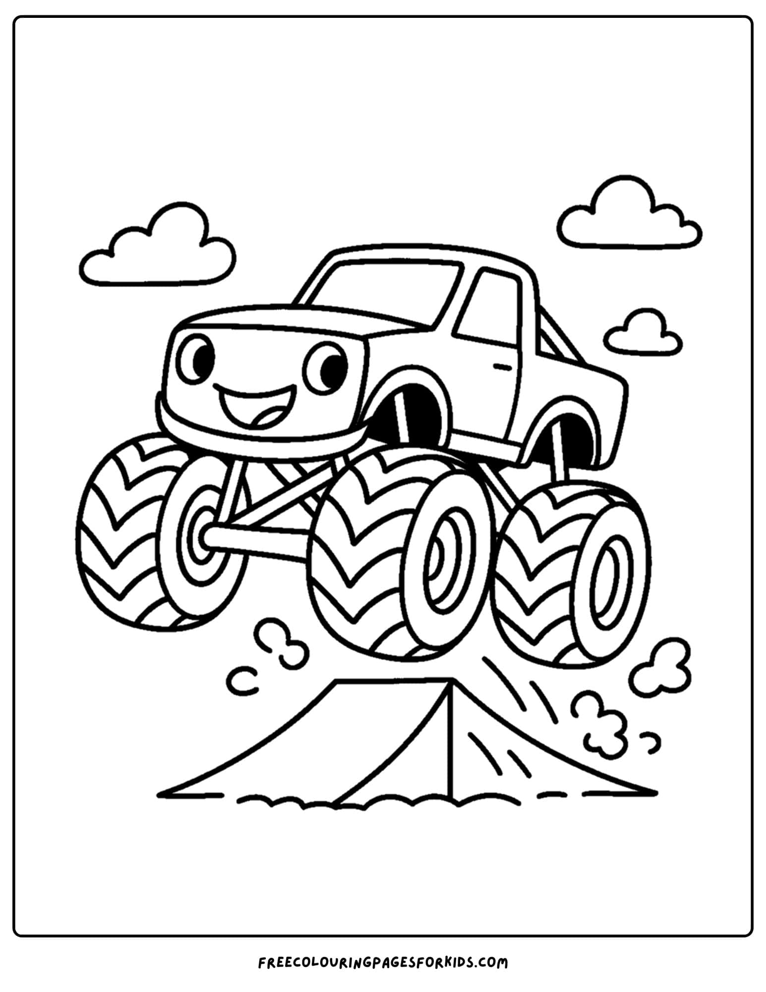 a monster truck jumping over a ramp coloring page
