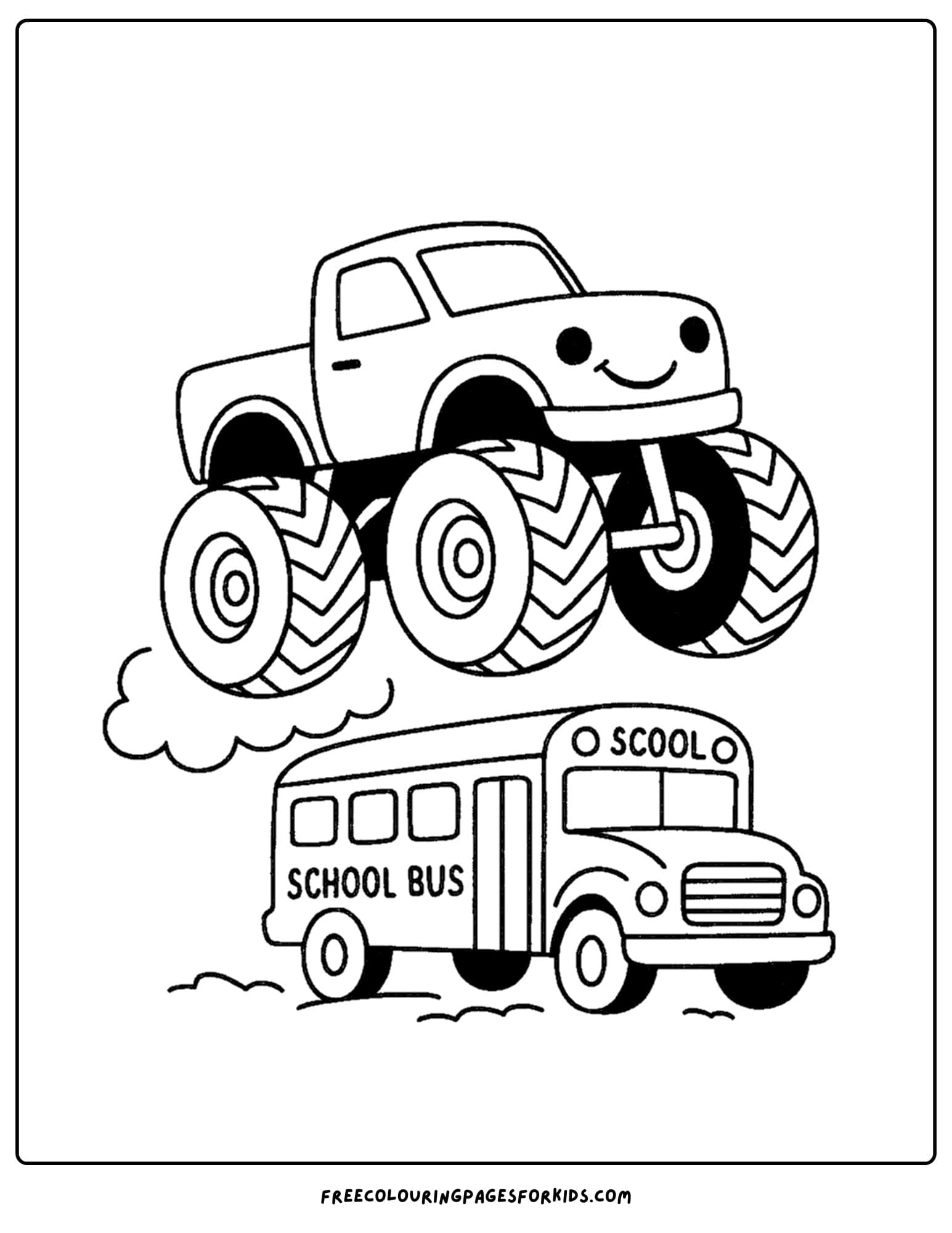 a monster truck jumping over a bus coloring page