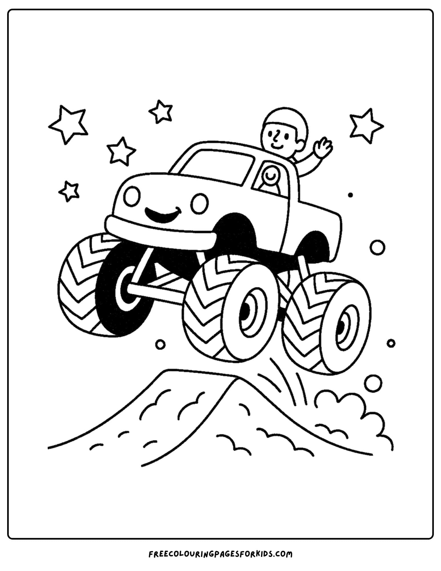 a monster truck coloring page with a truck and driver jumping it