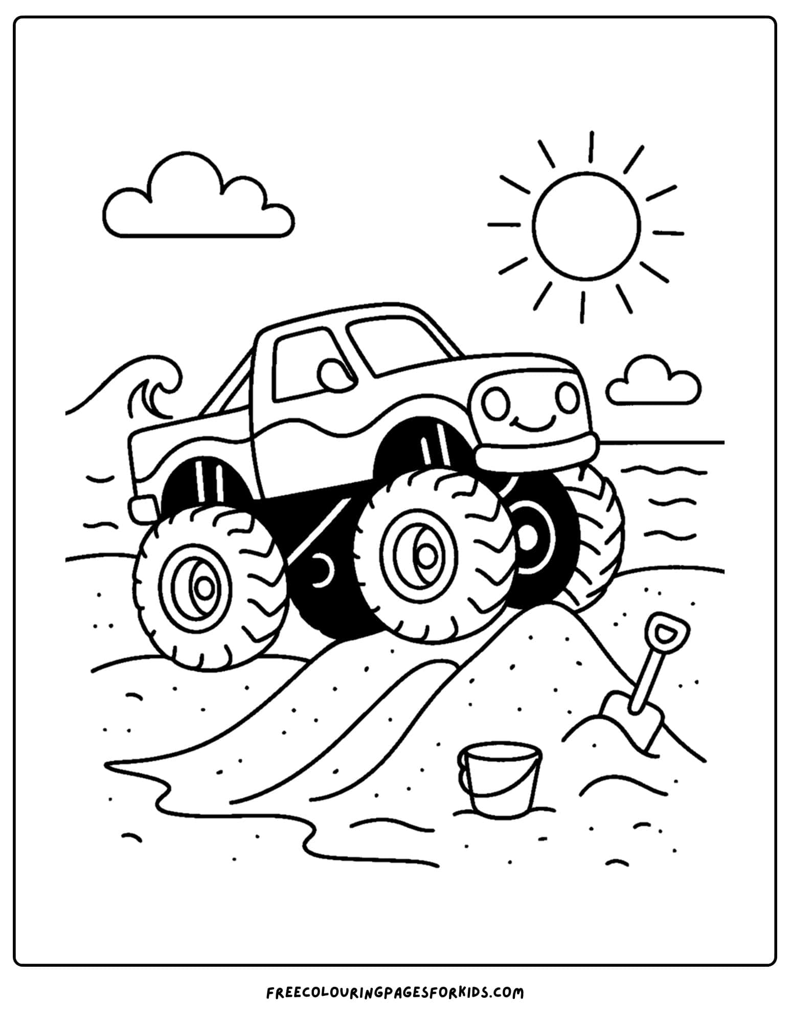 a monster truck at the beach making sand jumps coloring page