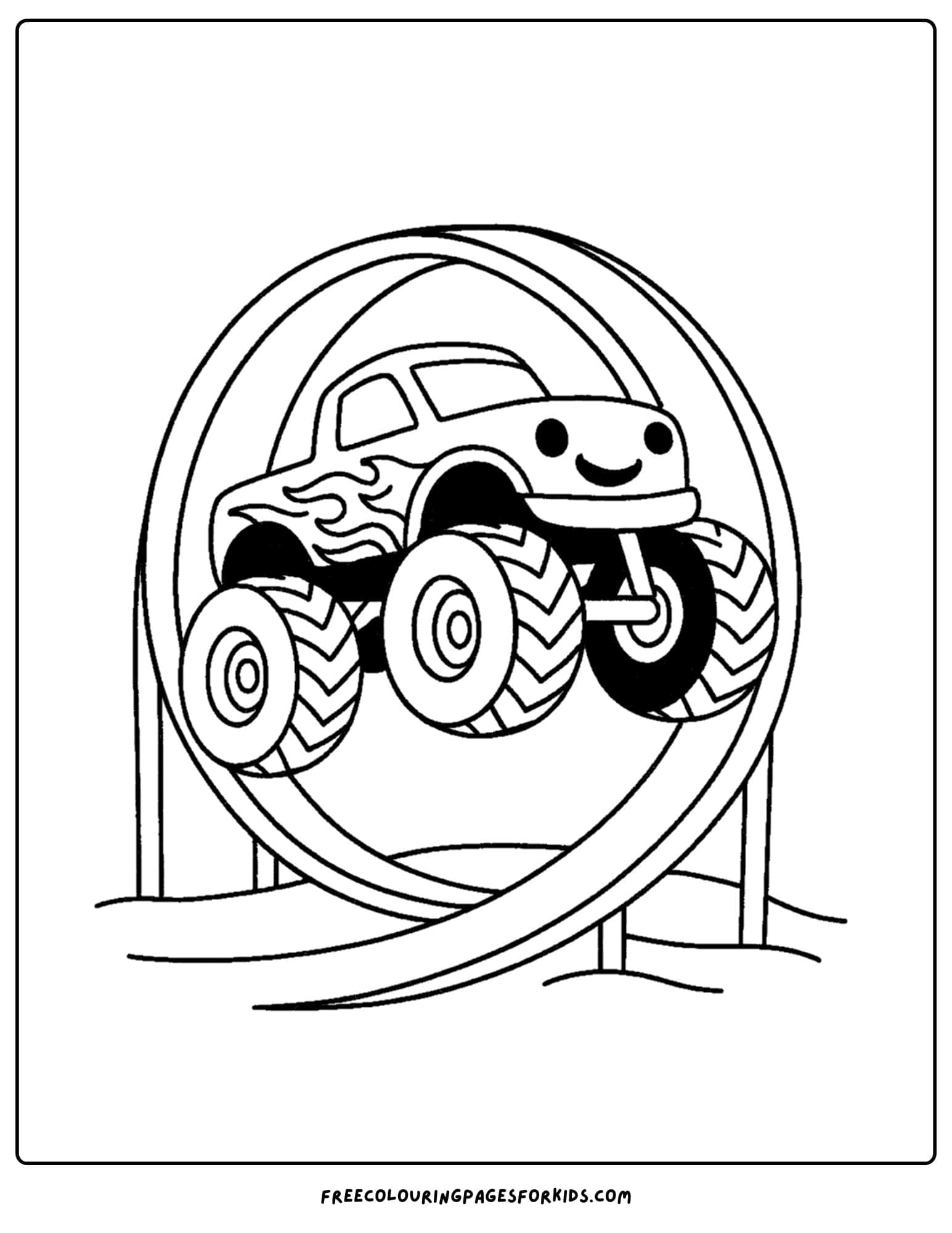 a monster truck driving a loop track coloring page