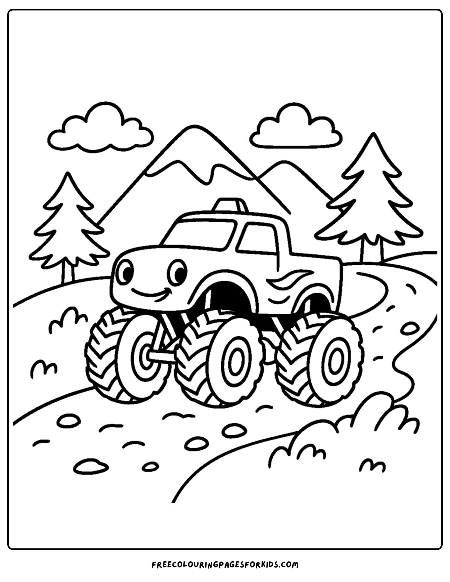 a monster truck driving on a mountain trail coloring page