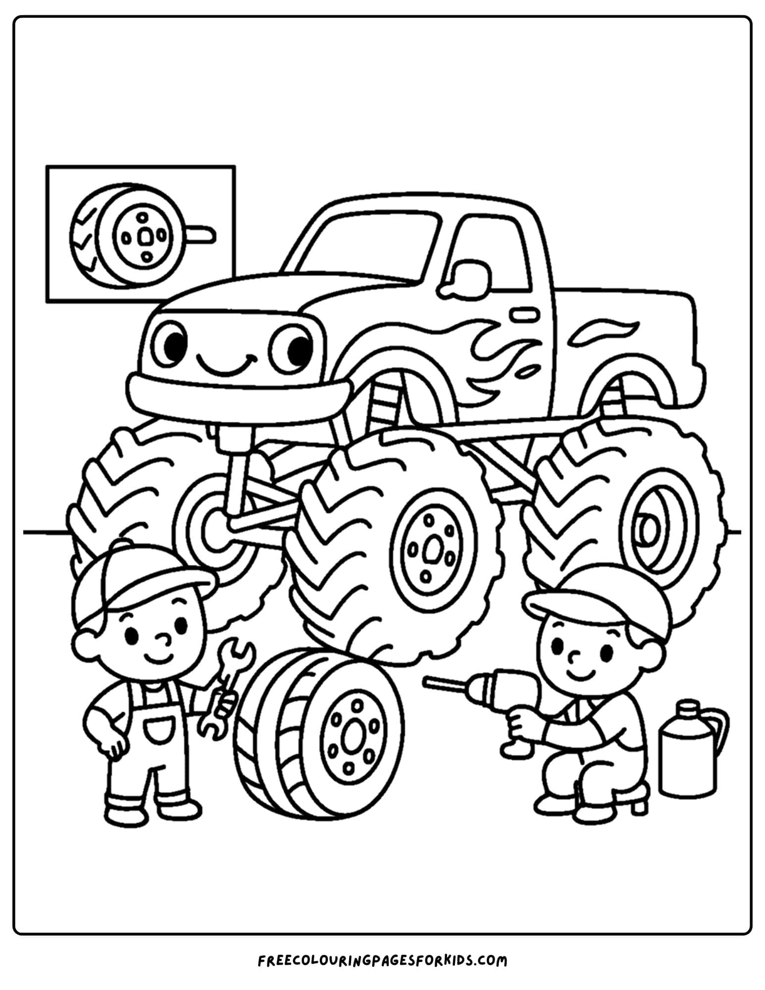 a monster truck at a pit stop coloring page