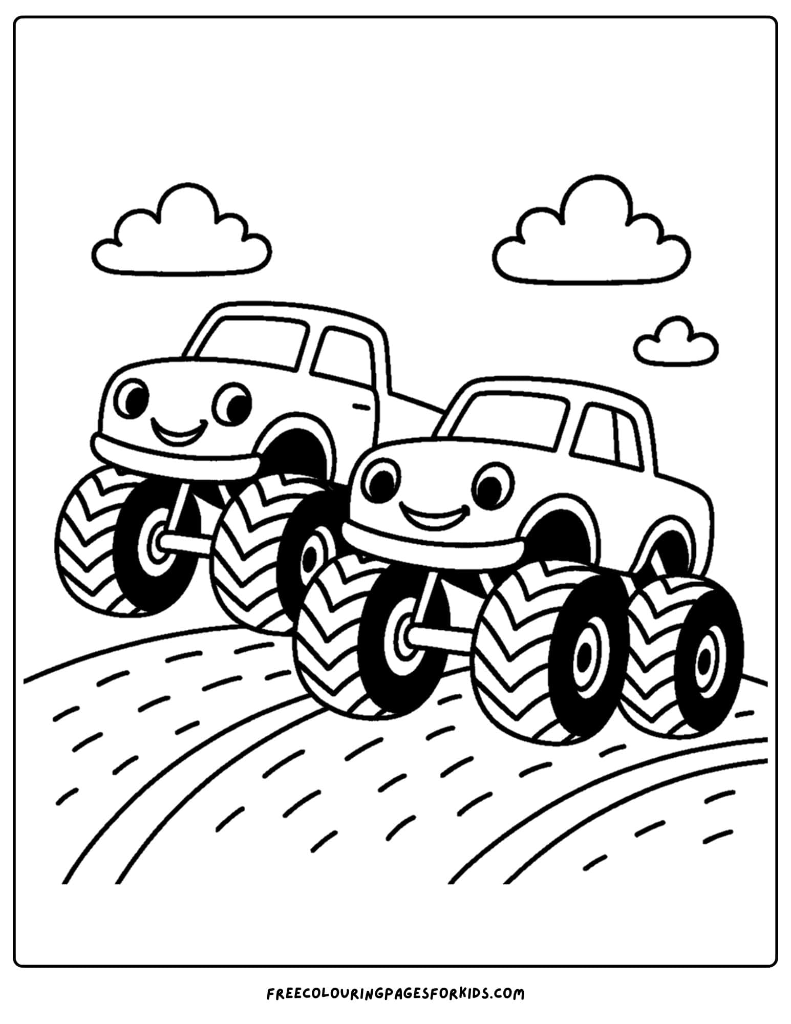 monster trucks racing side by side coloring page