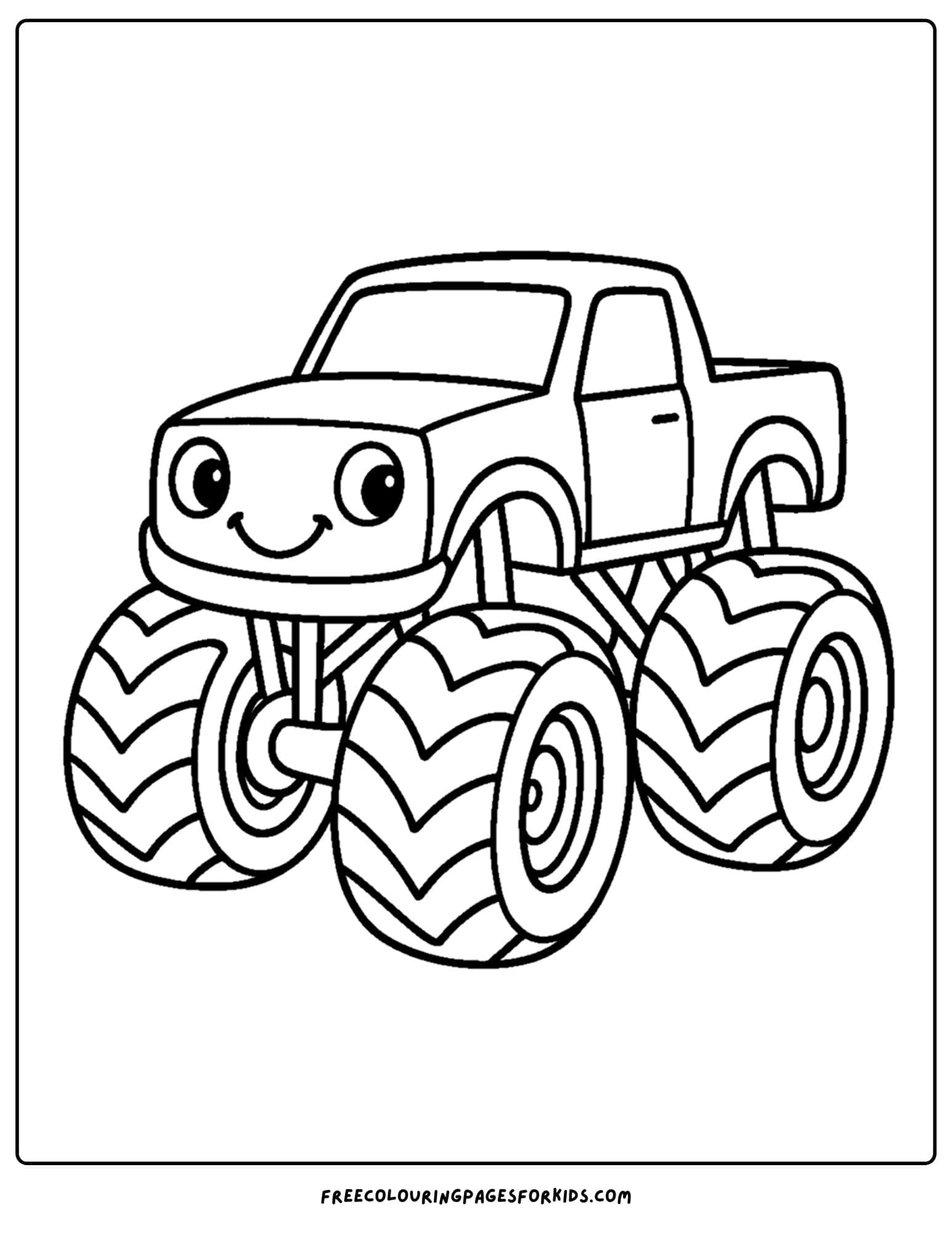 a monster trucksmiling with big tyres coloring page