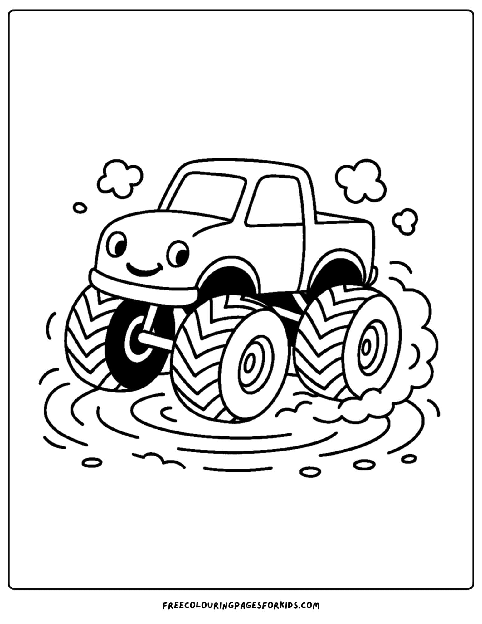 a monster truck spinning in the dirt coloring page