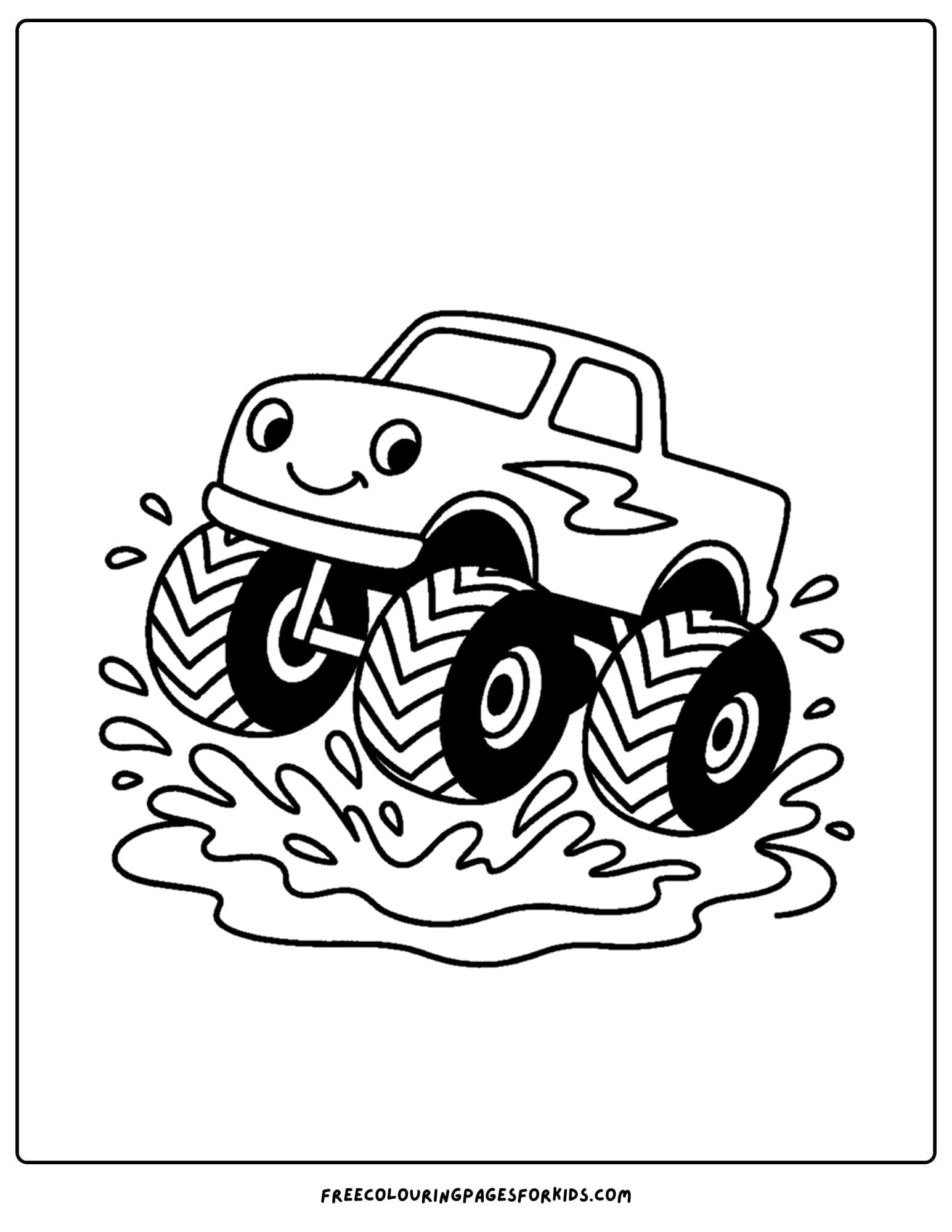 a monster truck coloring page with the truck splashing in a puddle