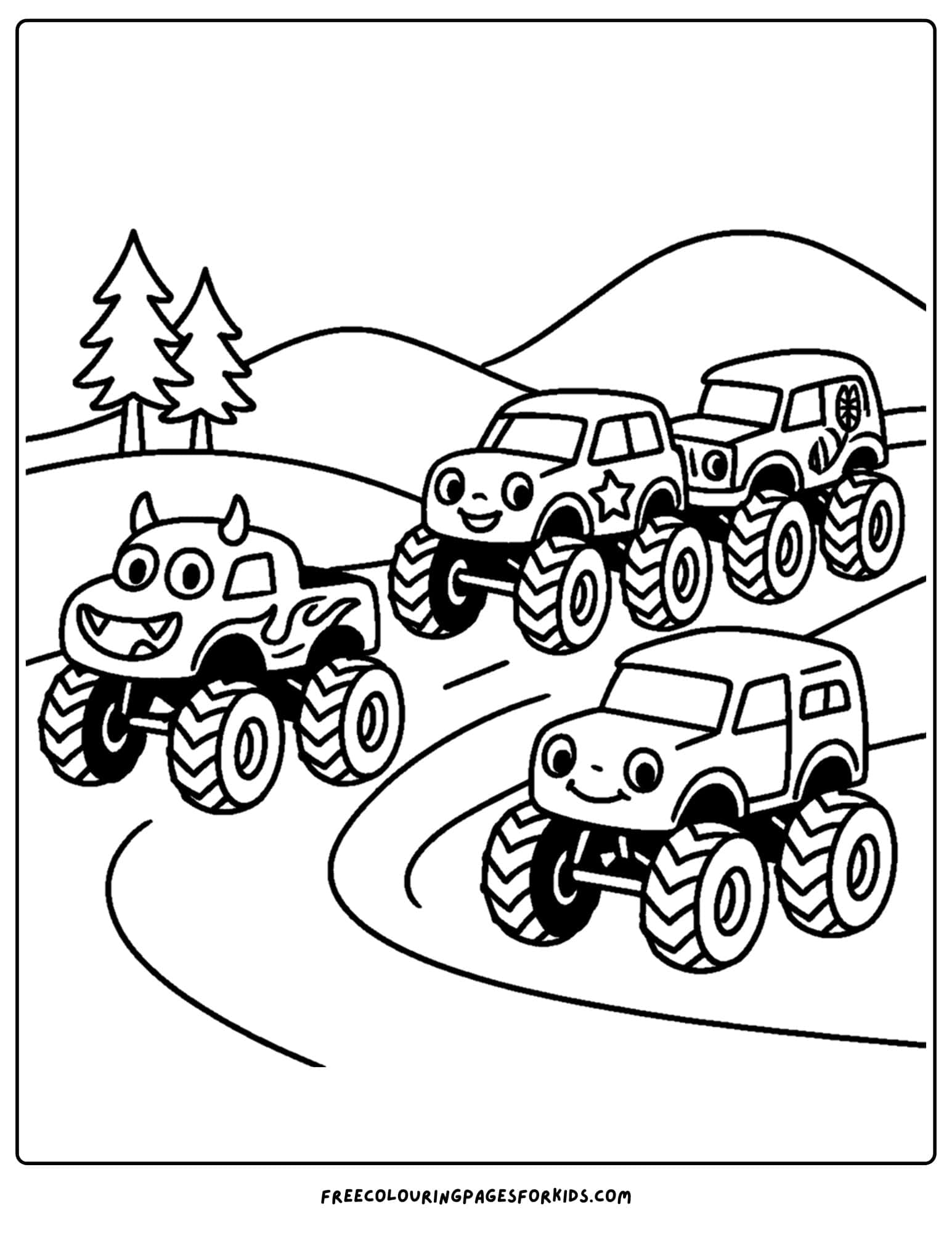 a monster truck coloring page with trucks all driving down a road