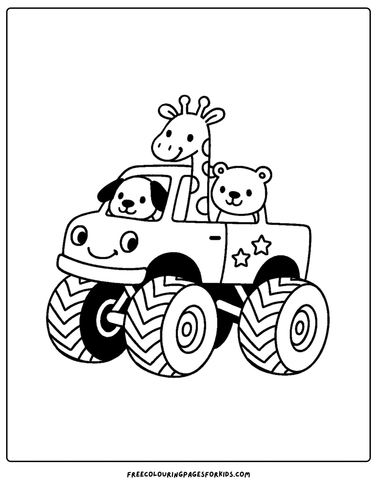 a monster truck coloring page with animals driving it