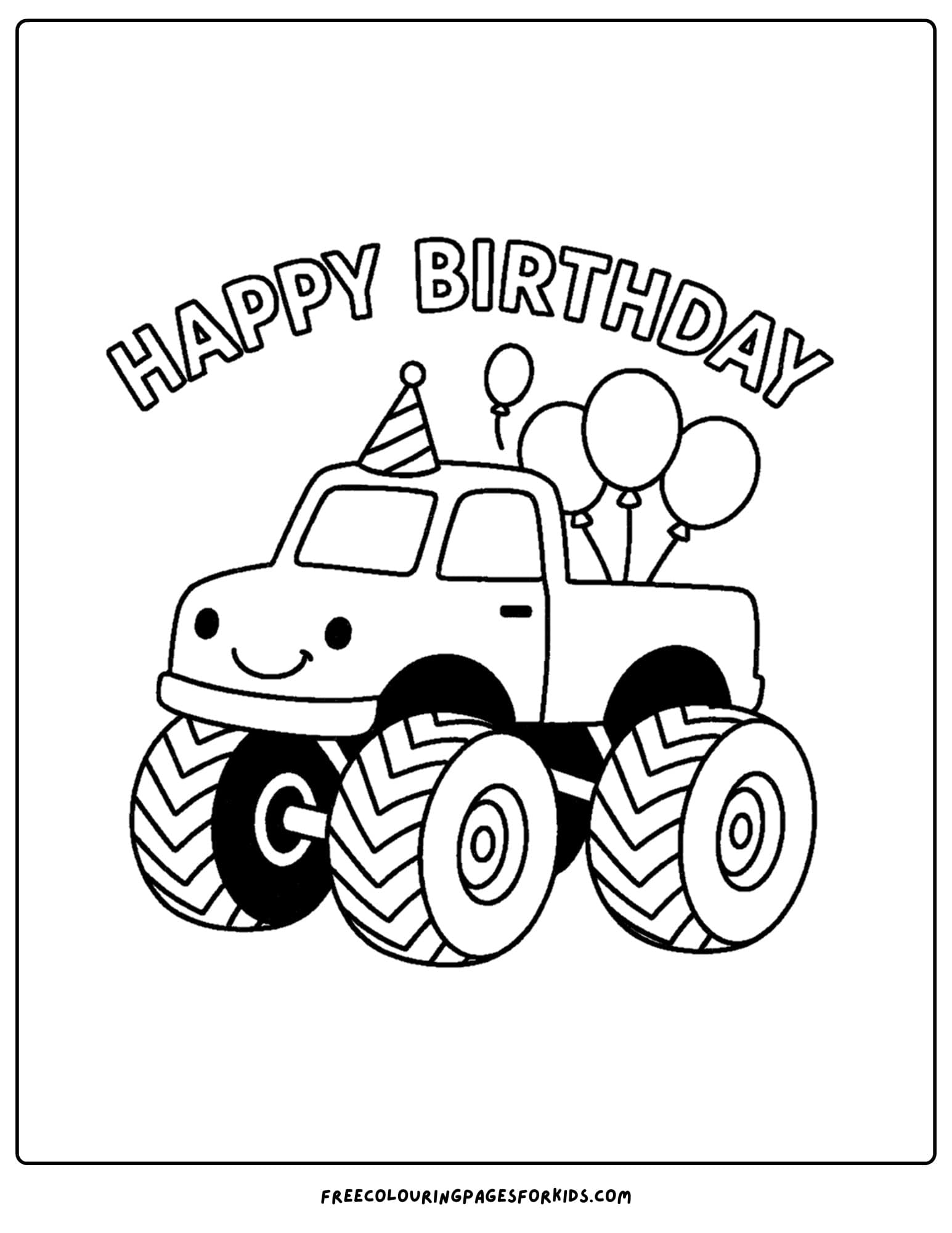 a monster truck coloring page with balloons and happy birthday