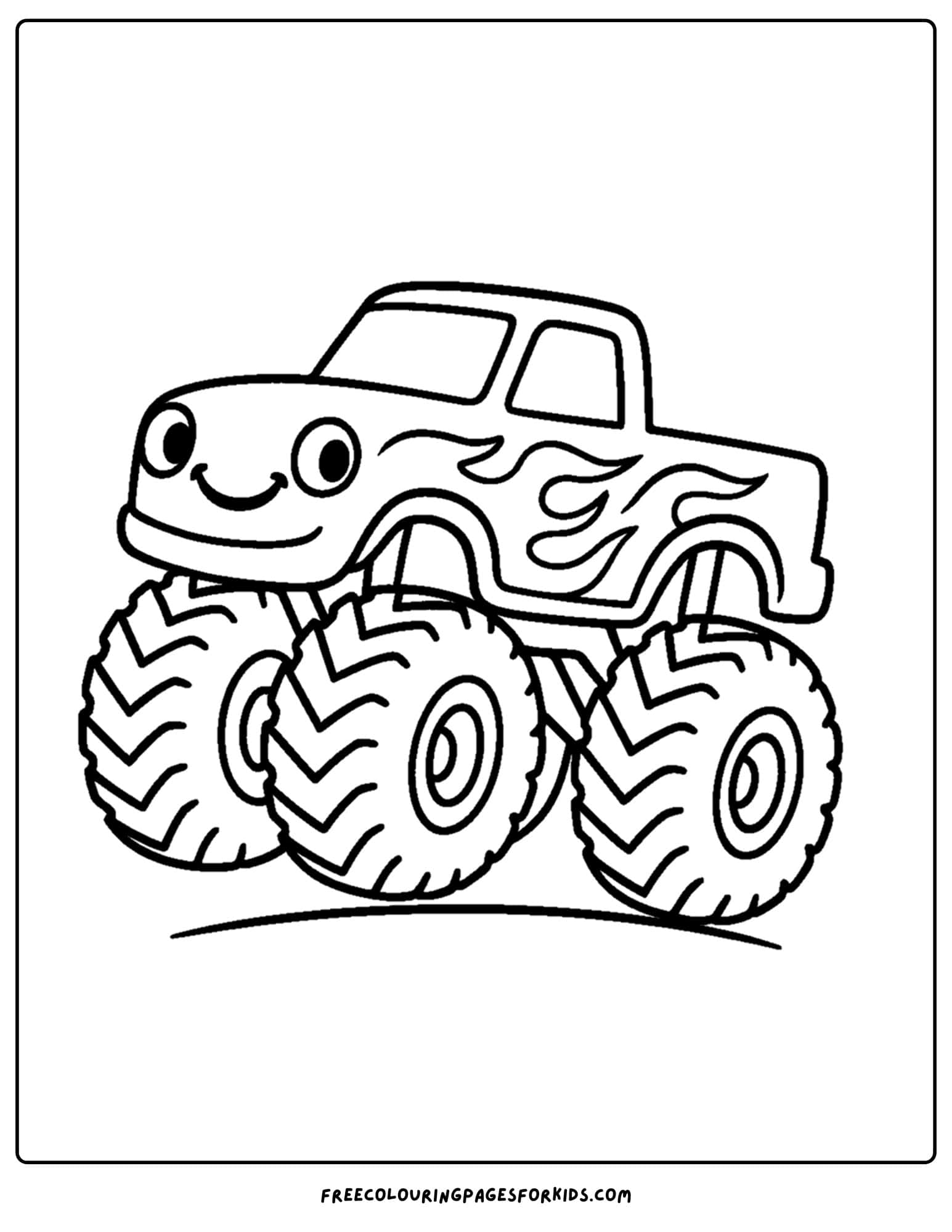 a monster truck coloring page with flame decals on the site