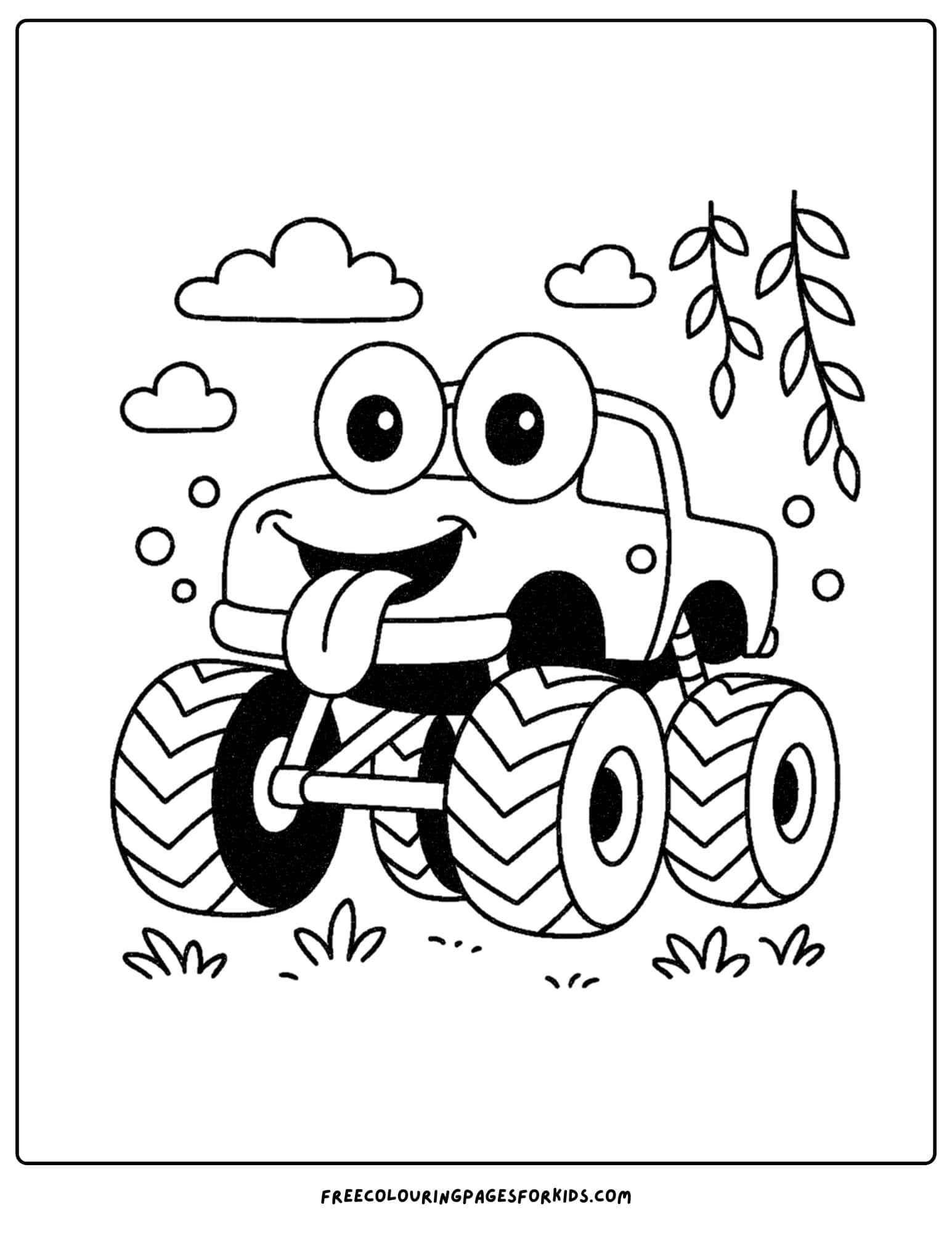 a monster truck coloring page featuring a truck making a silly face