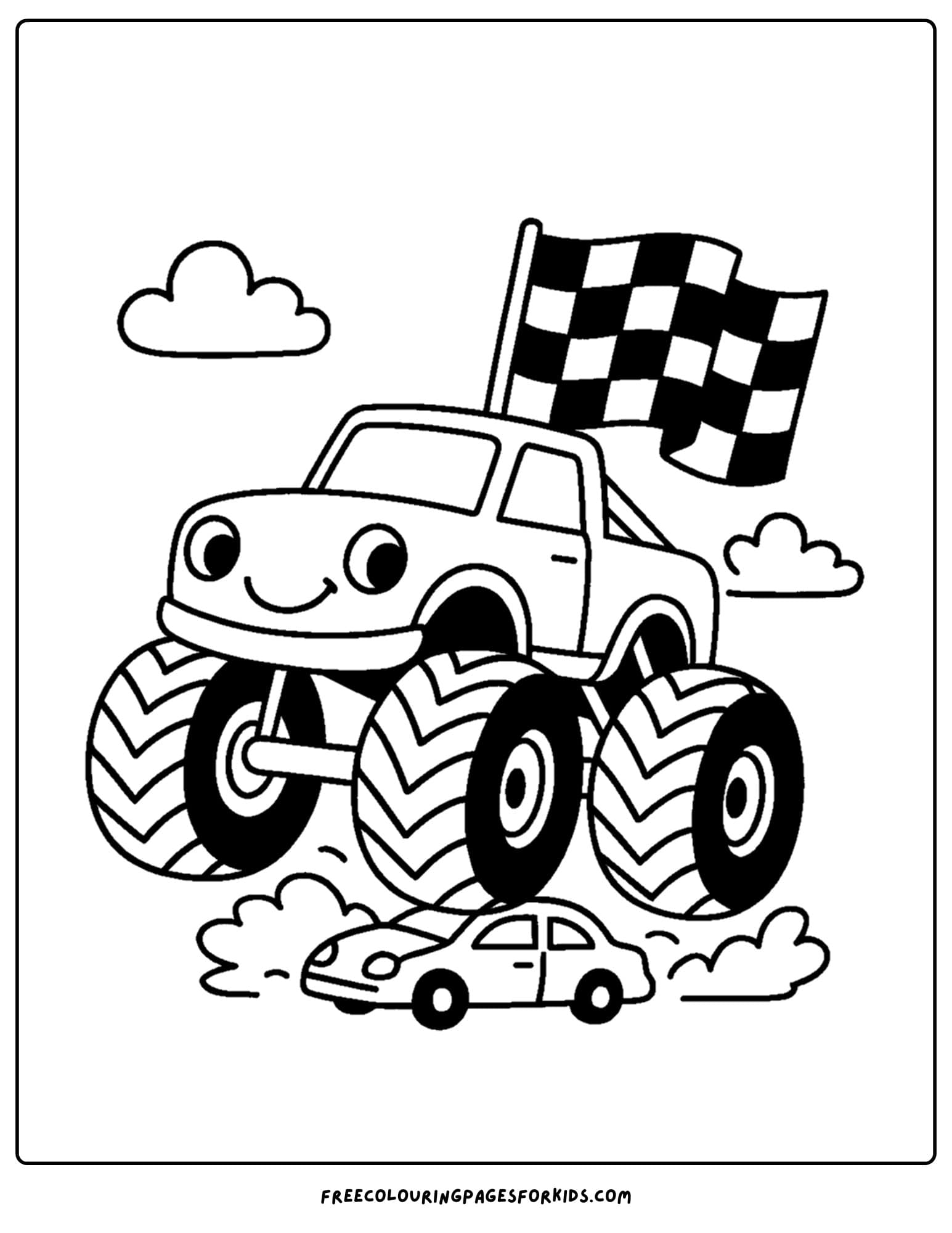 a monster truck coloring page featuring a truck with a race flag on its back