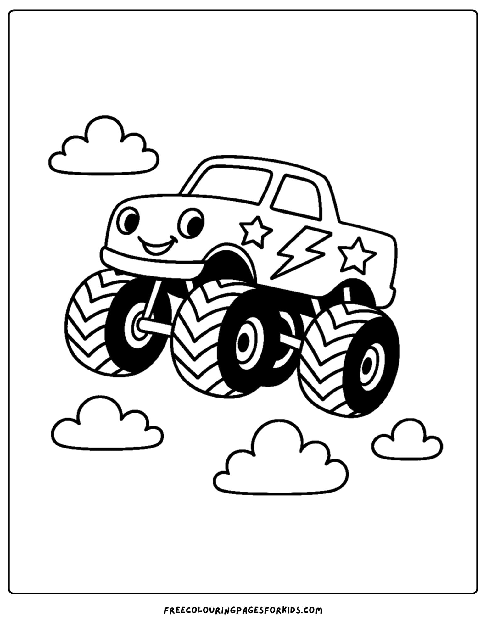 a monster truck coloring page featuring a truck jumping high into the clouds