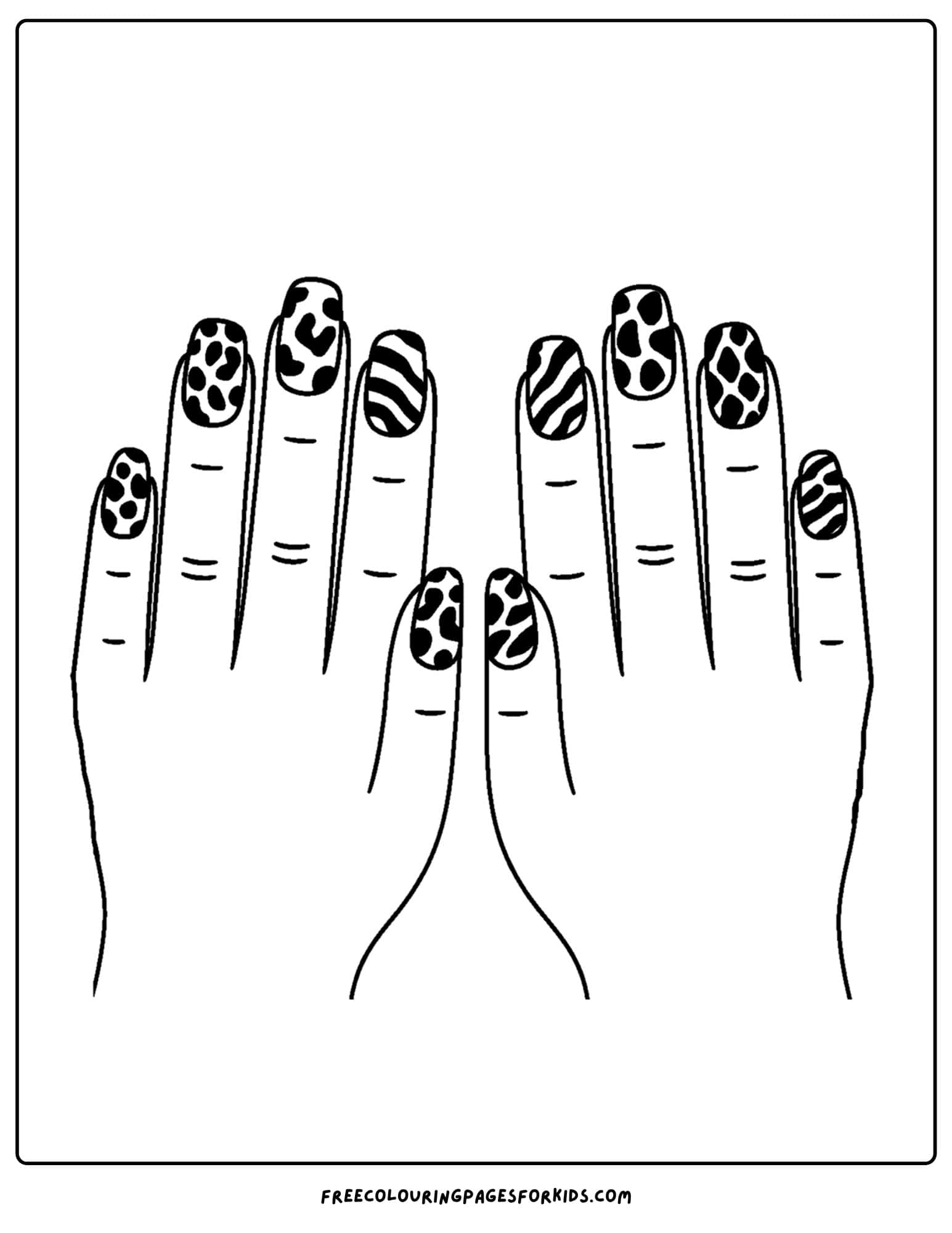 animal print themed nail art on both hands coloring page