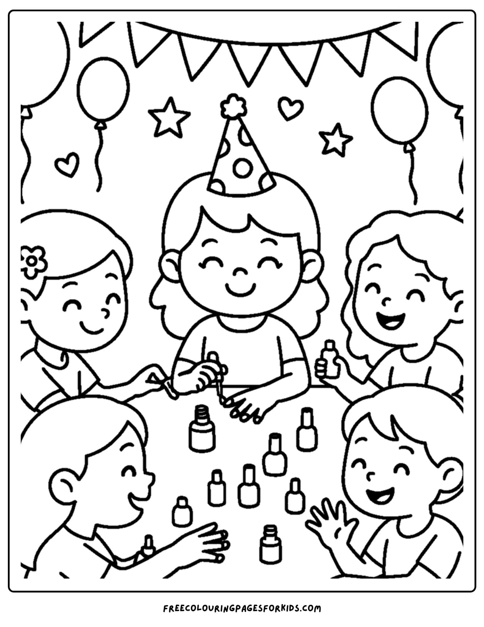 a birthday party doing their nails coloring page