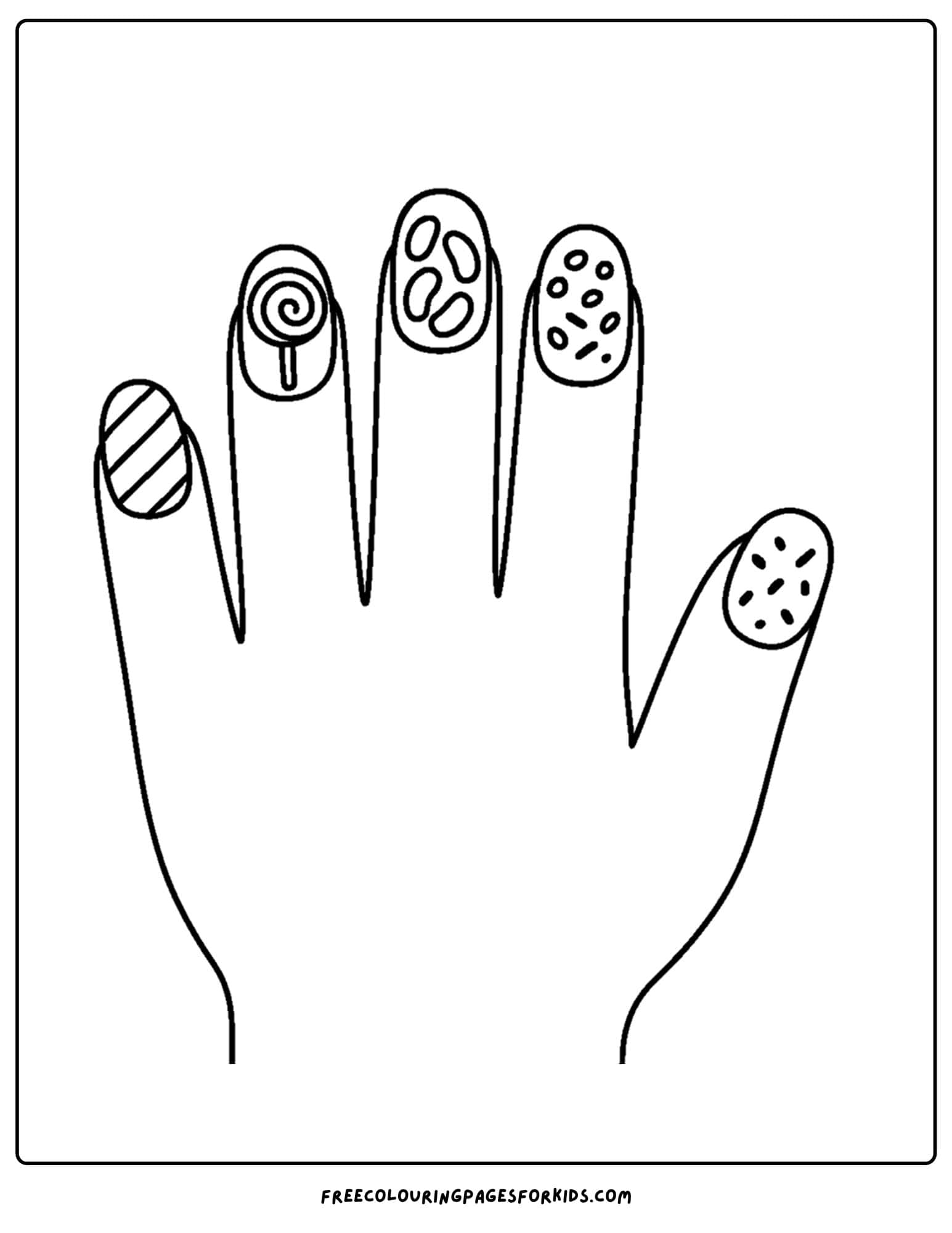 candy themed nail art on a hand coloring page