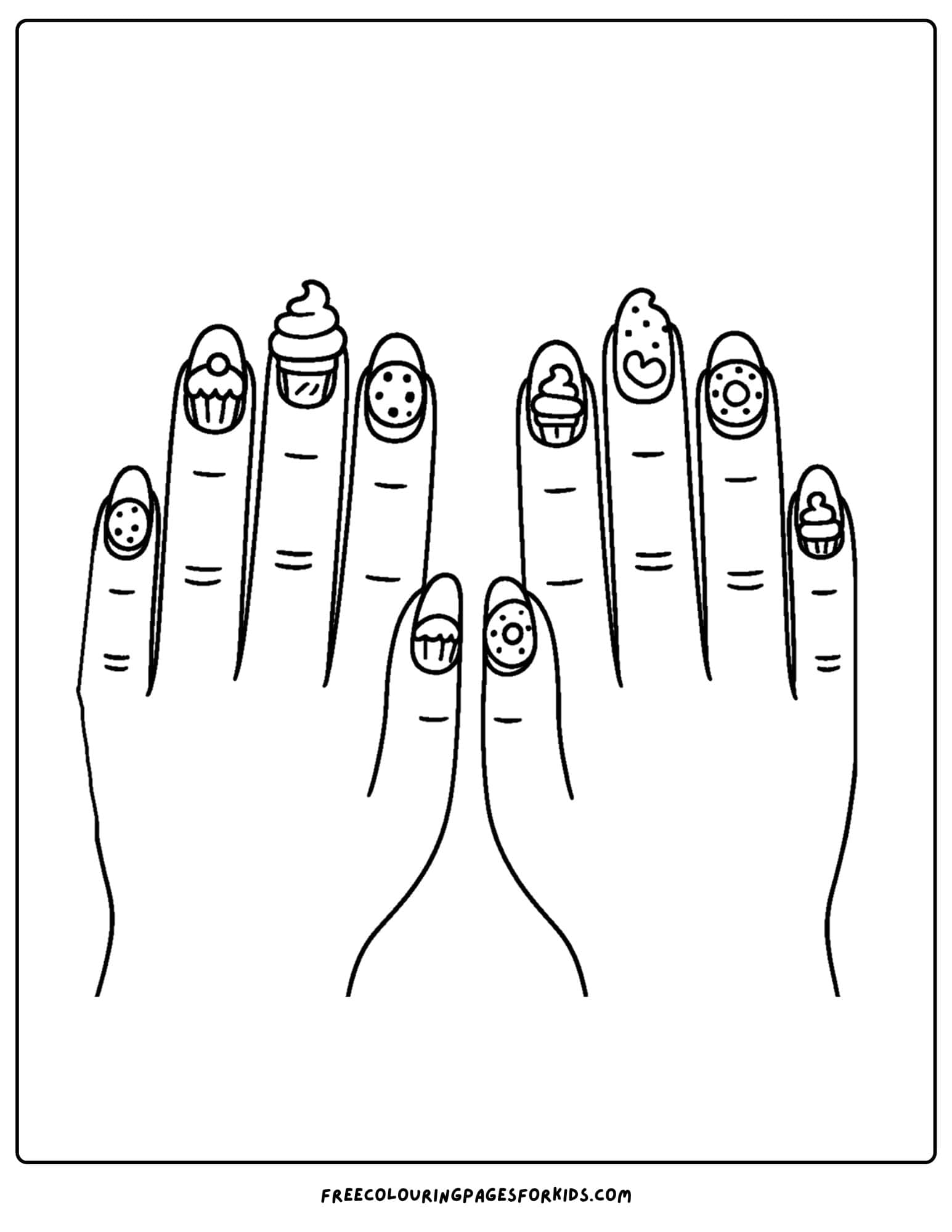 dessert themed nail art on both hands coloring page