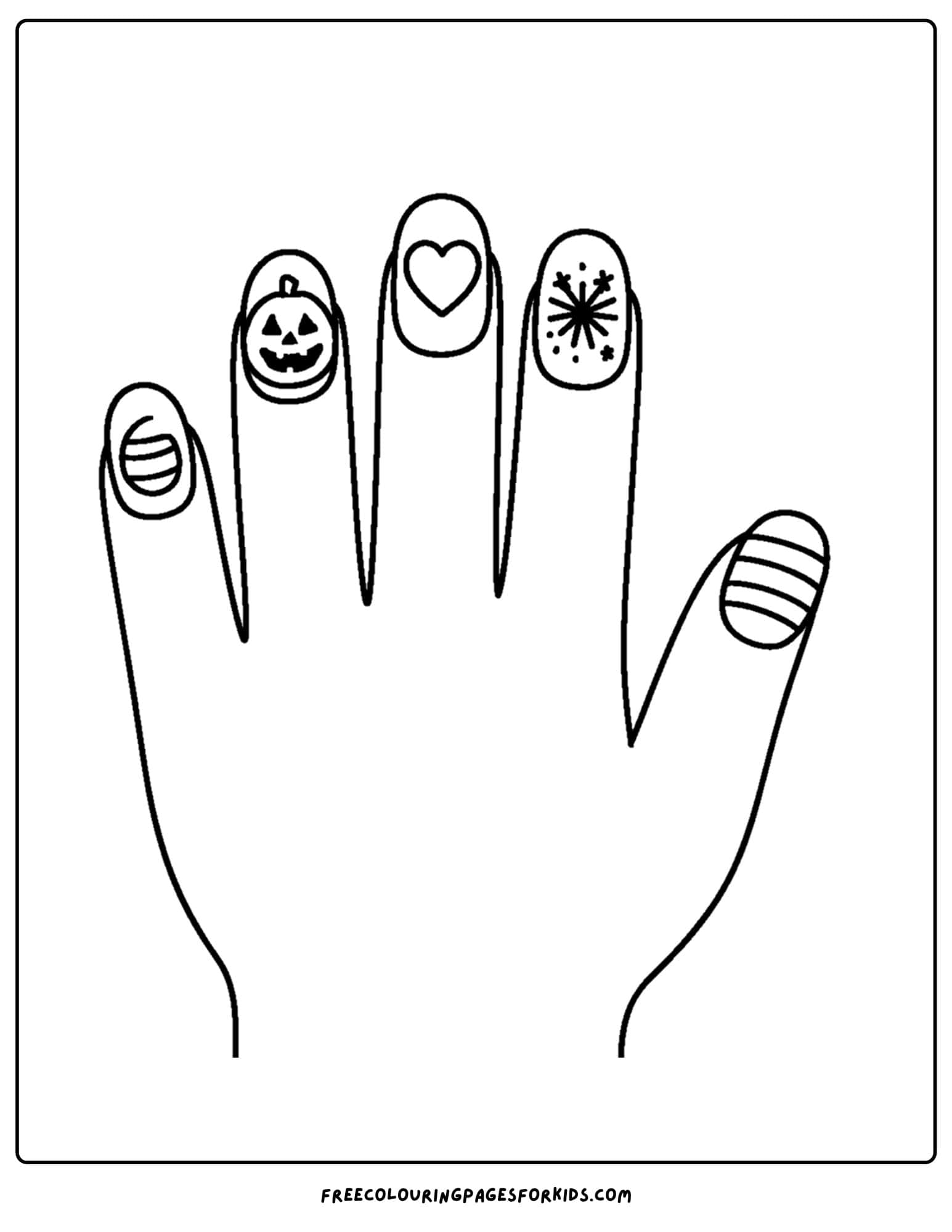 holiday themed nail art on a hand coloring page