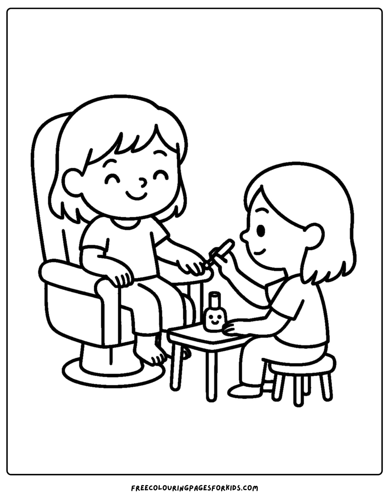 a kid getting a manicure in a salon coloring page