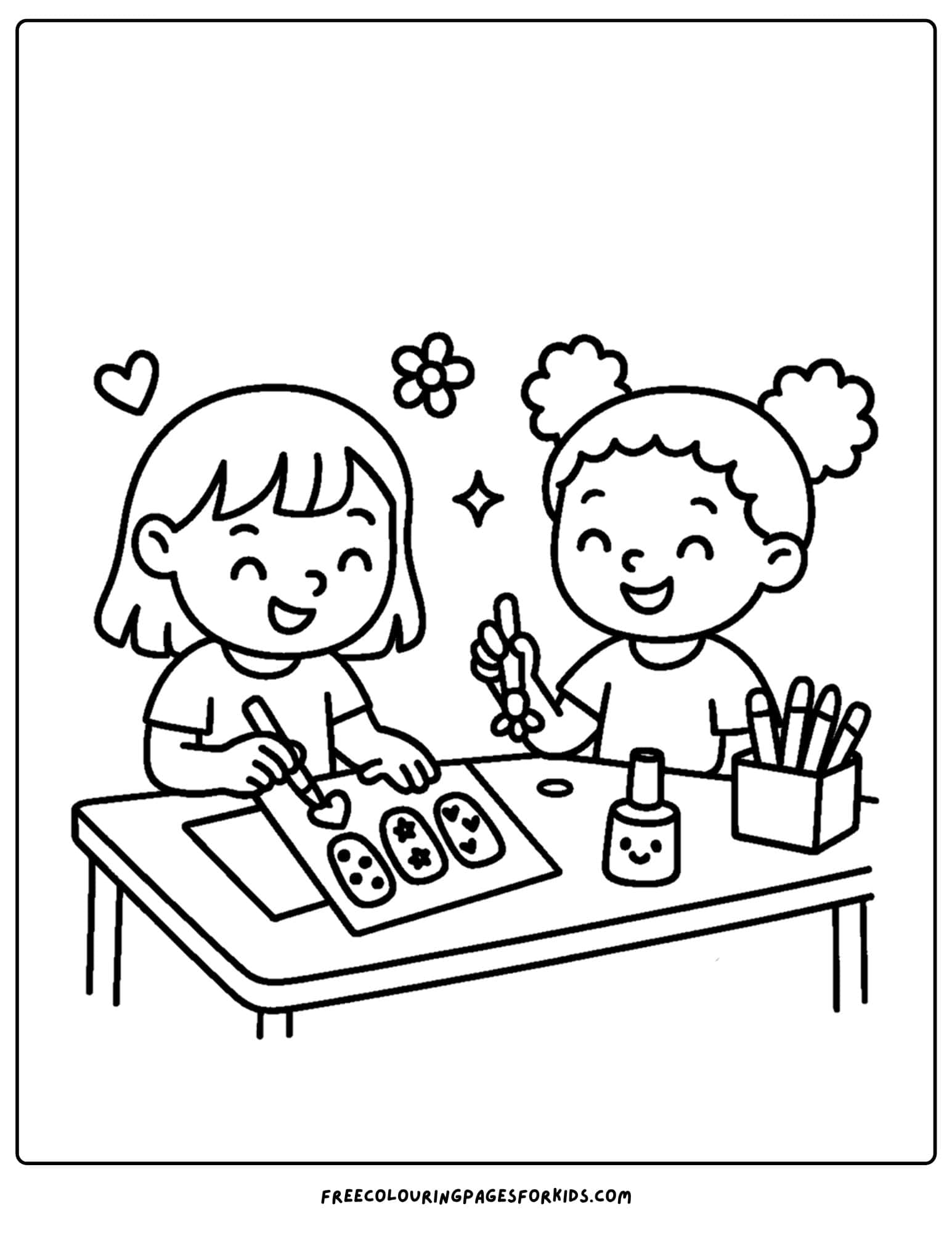 kids making nail art stickers coloring page