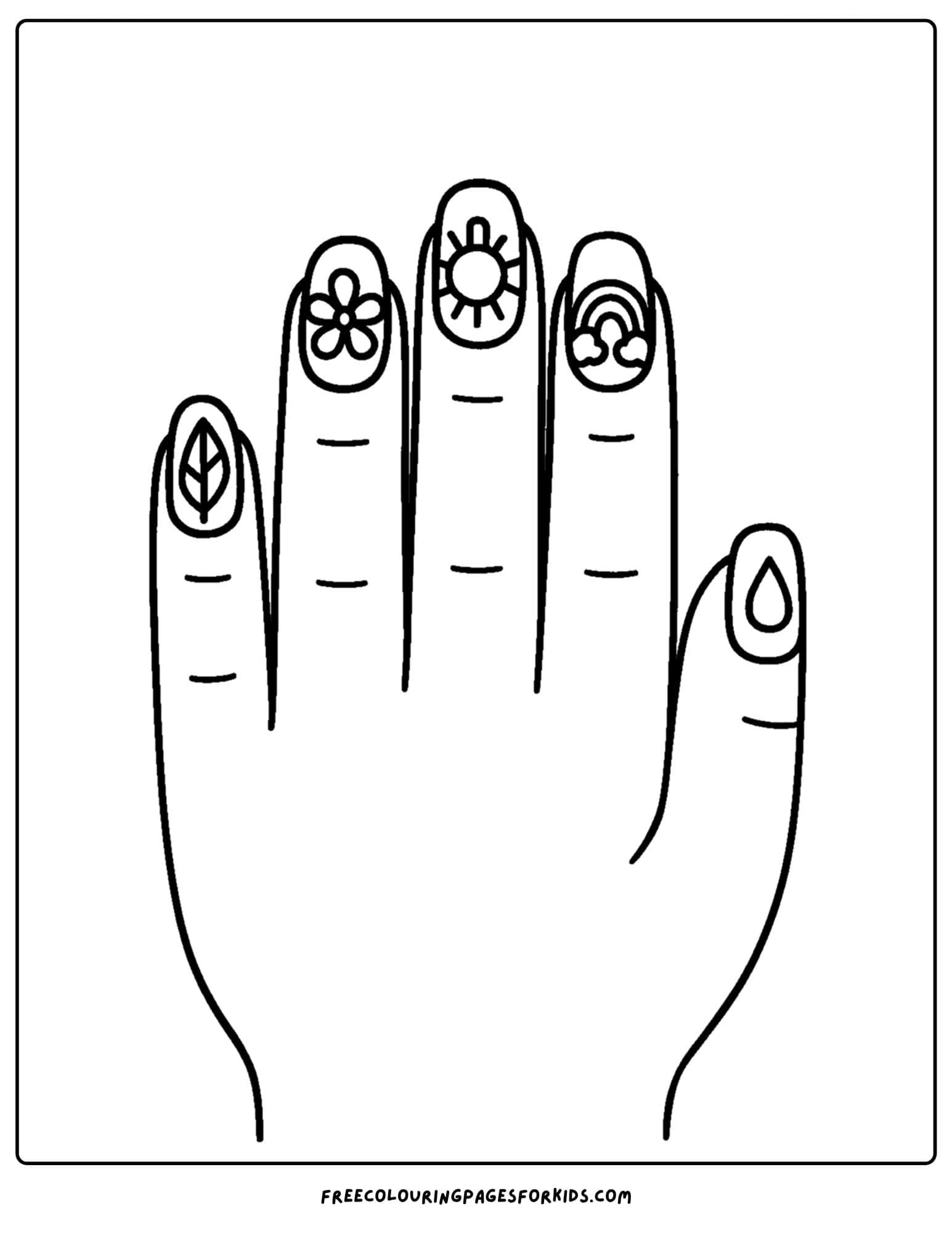nature themed nail art on a hand coloring page