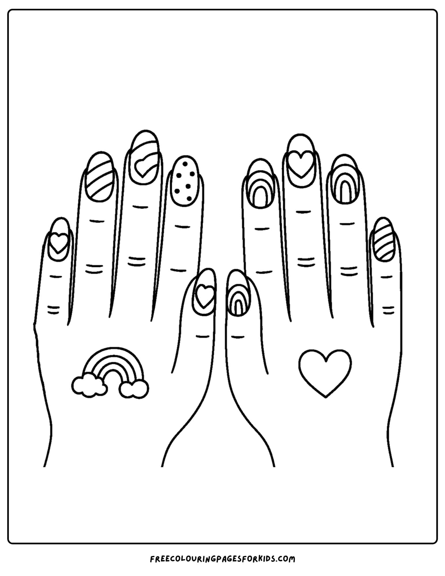 rainbow pattern nail art on both hands coloring page