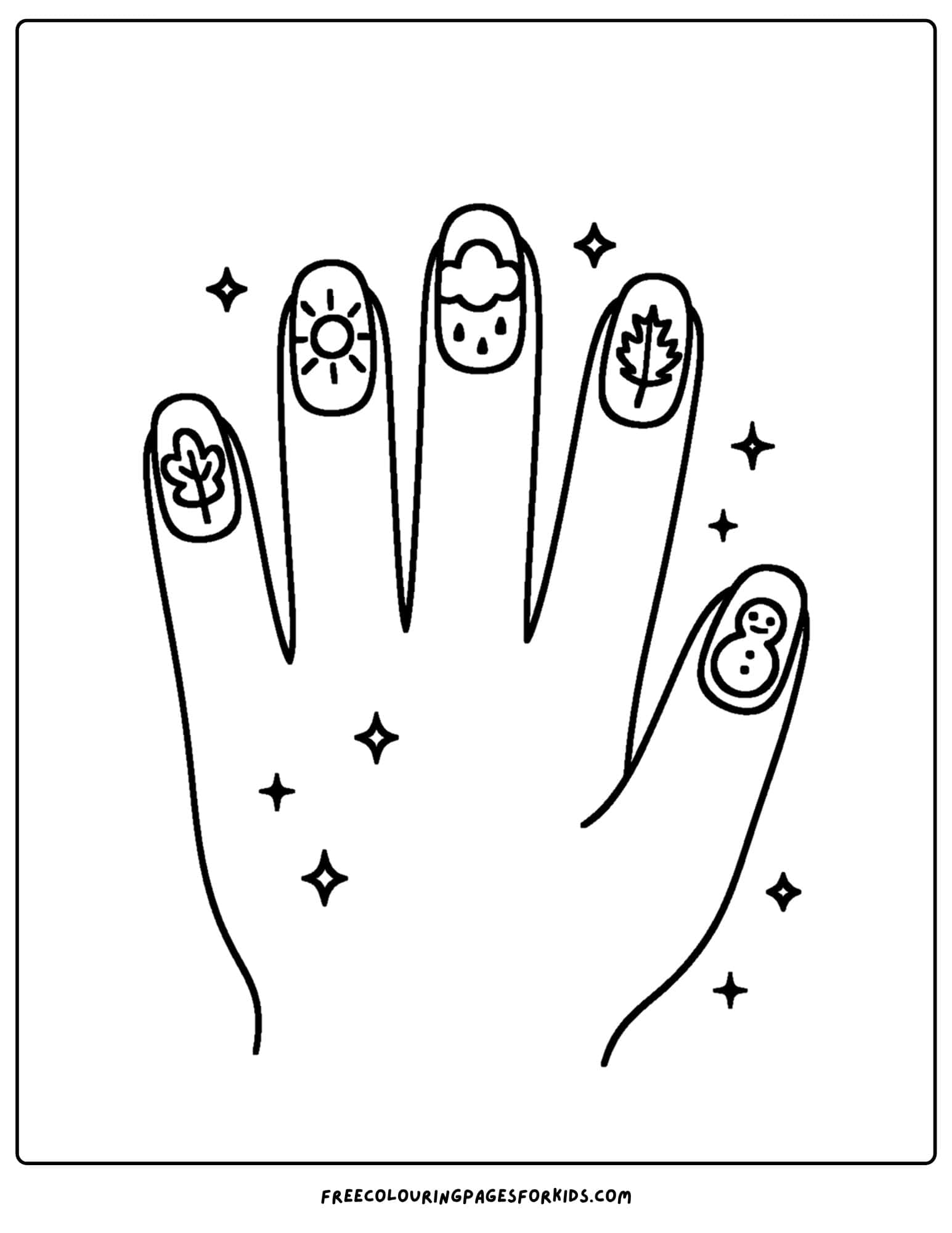 seasonal nail art on a hand coloring page