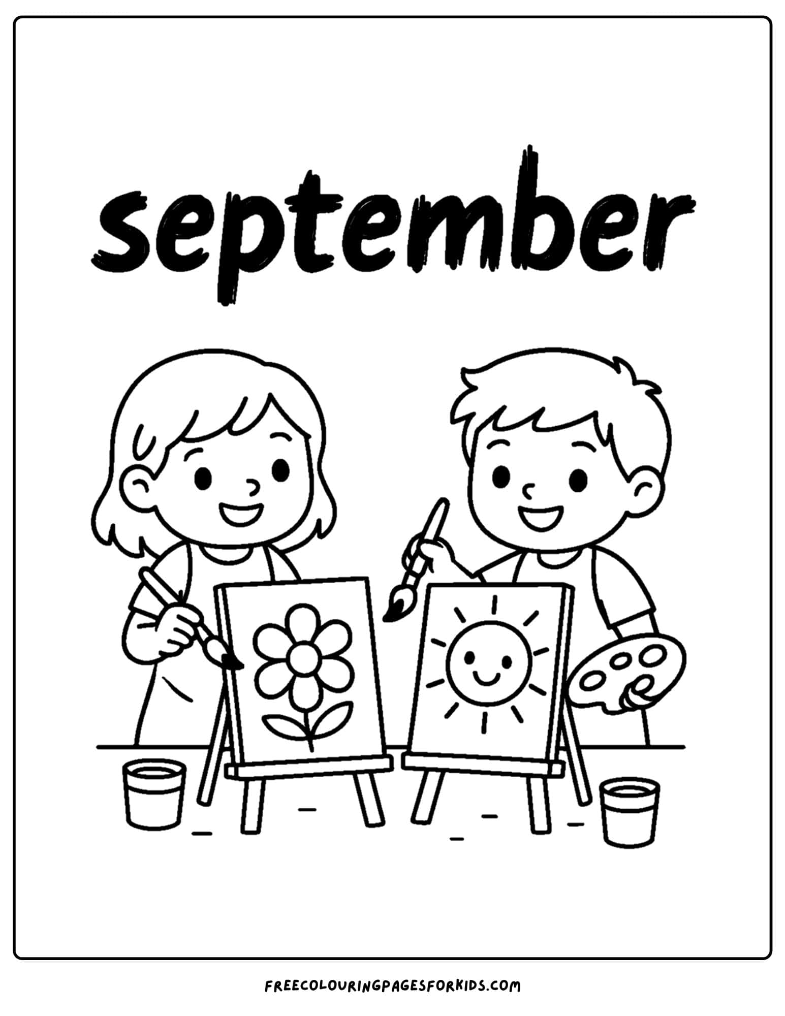 a september coloring page featuring children painting in art class
