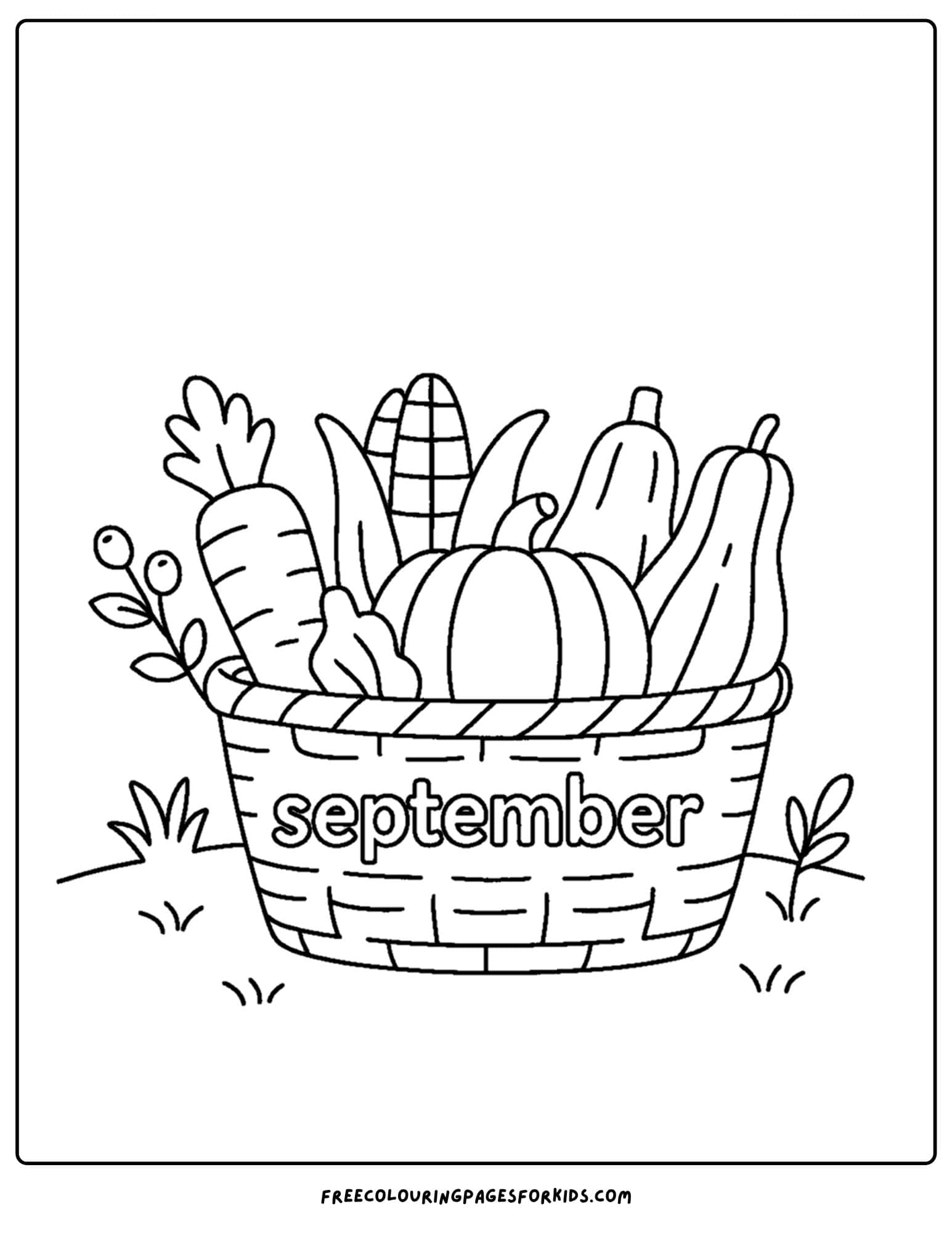 a september coloring page featuring a basket of harvest vegetables