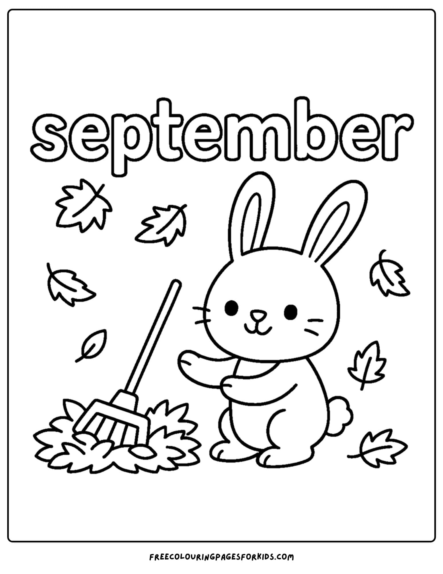 a september coloring page featuring a bunny rabit sweeping up leaves